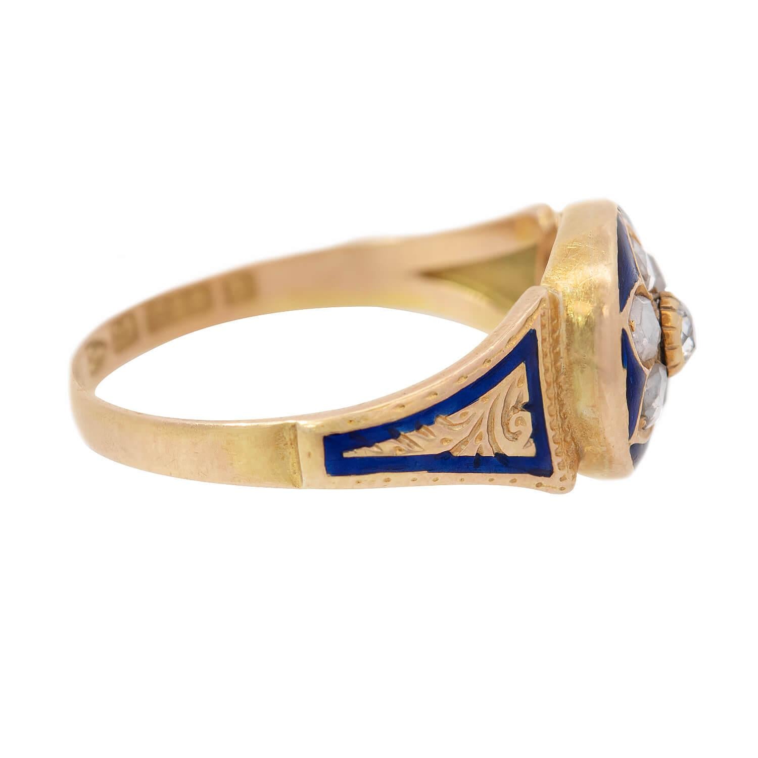 Victorian 15k Gold Diamond & Enamel Floral Ring - Antique Jewelry for Weddings, Engagement & Special Occasions