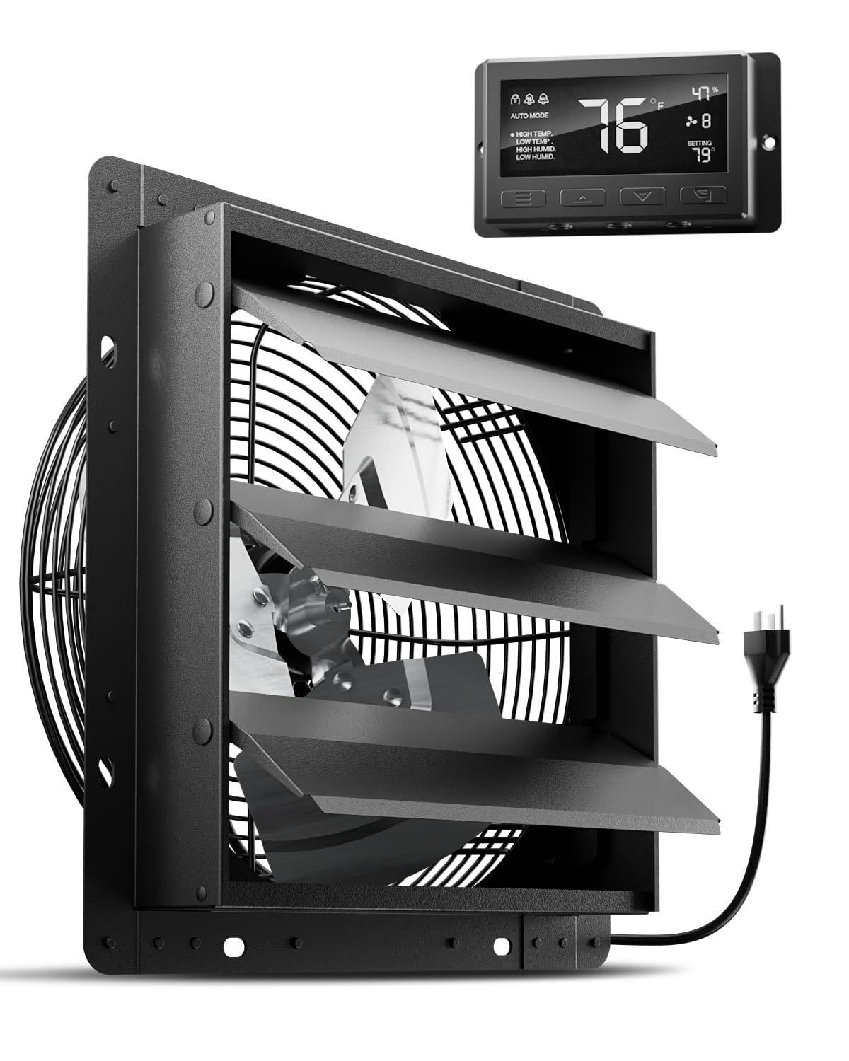 HG Power 12 Inch Attic Fan with Thermostat - 971 CFM Shutter Exhaust Fan with Smart Temperature & Humidity Controller - Wall Mounted Greenhouse Fan with EC Motor for Garage, Shed, Warehouse & Home Ventilation - Energy Efficient & Quiet Operation - Black