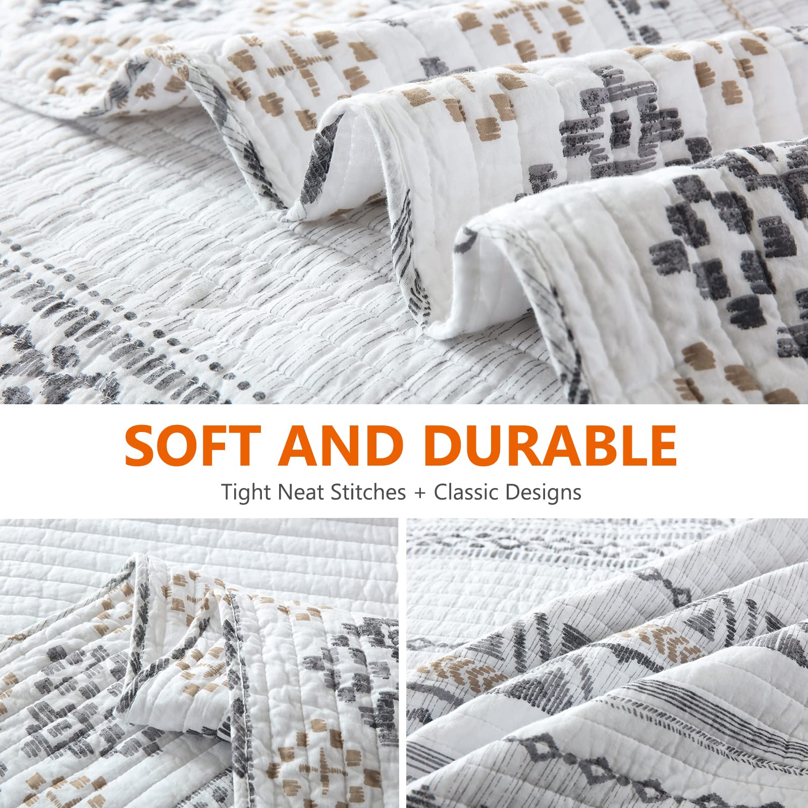 Bohemian Reversible Striped Lightweight Quilt Set - 100% Cotton Queen Size Bedspread (3-Piece) | White Boho Quilted Bedding for Cozy Bedroom Decor & Guest Room Styling