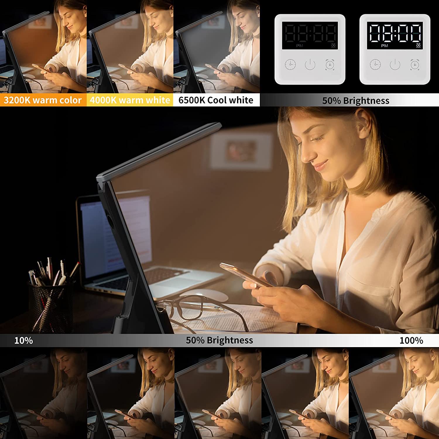 GAOHANG 3-in-1 LED Desk Lamp with Wireless Charger, Touch Control, Digital Clock & Alarm | 3 Lighting Modes, Stepless Brightness Adjustable | Eye-Caring Table Lamp for Home Office, Study, Bedroom (White)