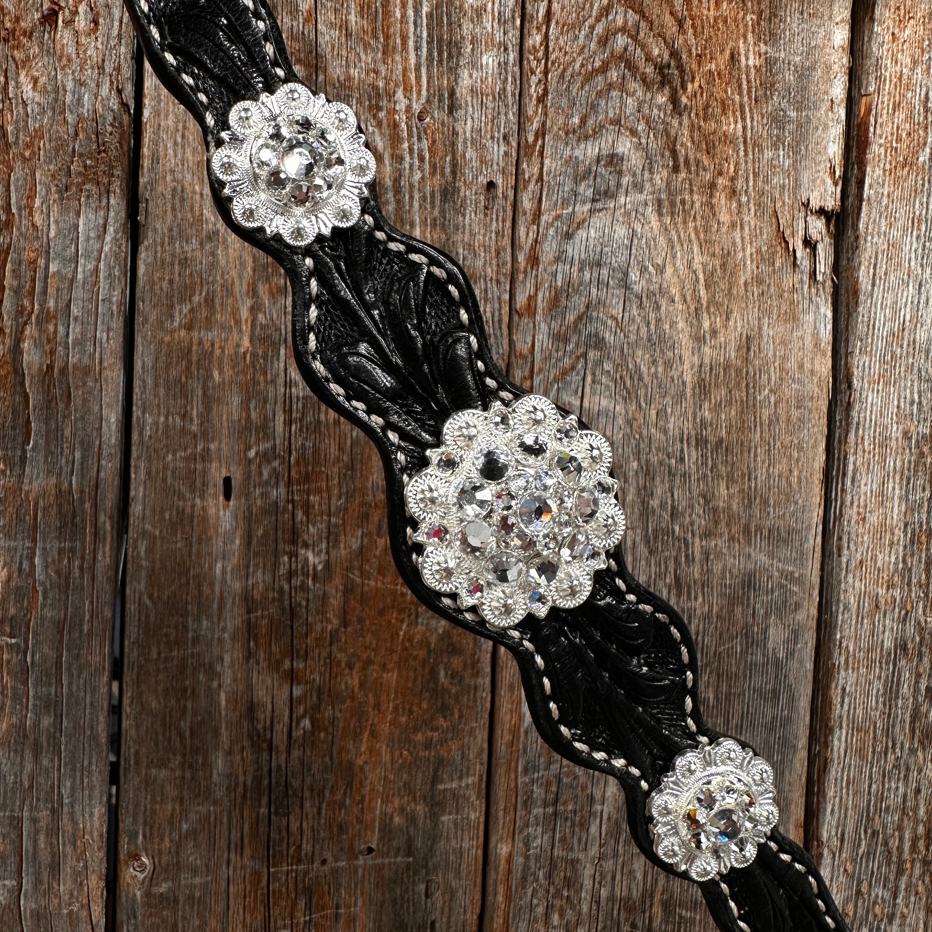 Black Floral Bright Clear Browband & One Ear Tack Set #BBBC599 – Perfect for Equestrian Shows & Horse Riding Competitions