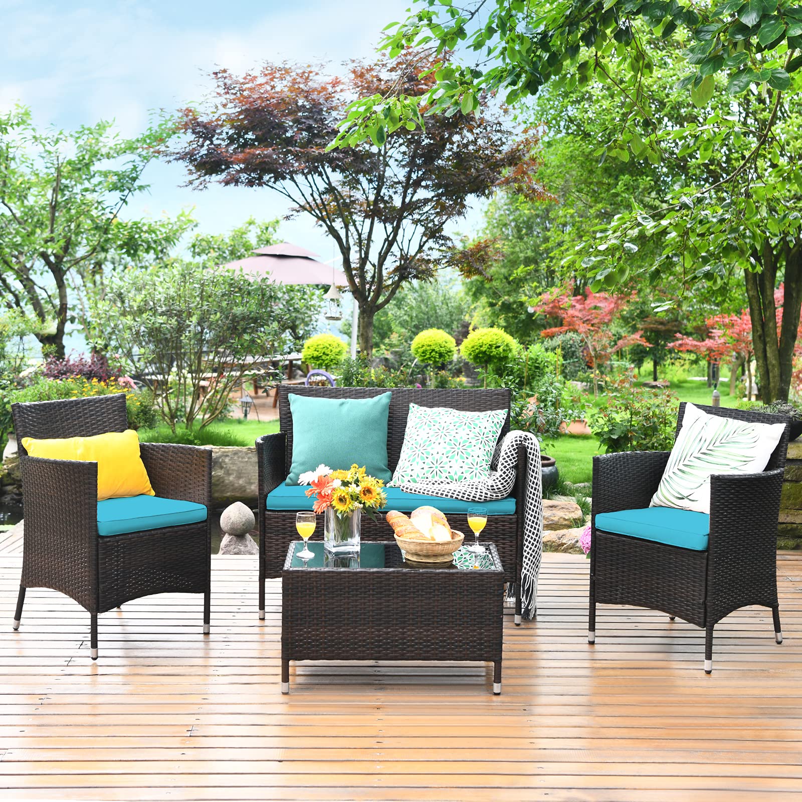 Tangkula 4-Piece Patio Rattan Conversation Set with Tempered Glass Coffee Table & Thick Cushions - Outdoor Wicker Furniture for Garden, Lawn, Poolside, Backyard - Perfect for Relaxing, Entertaining & Outdoor Dining