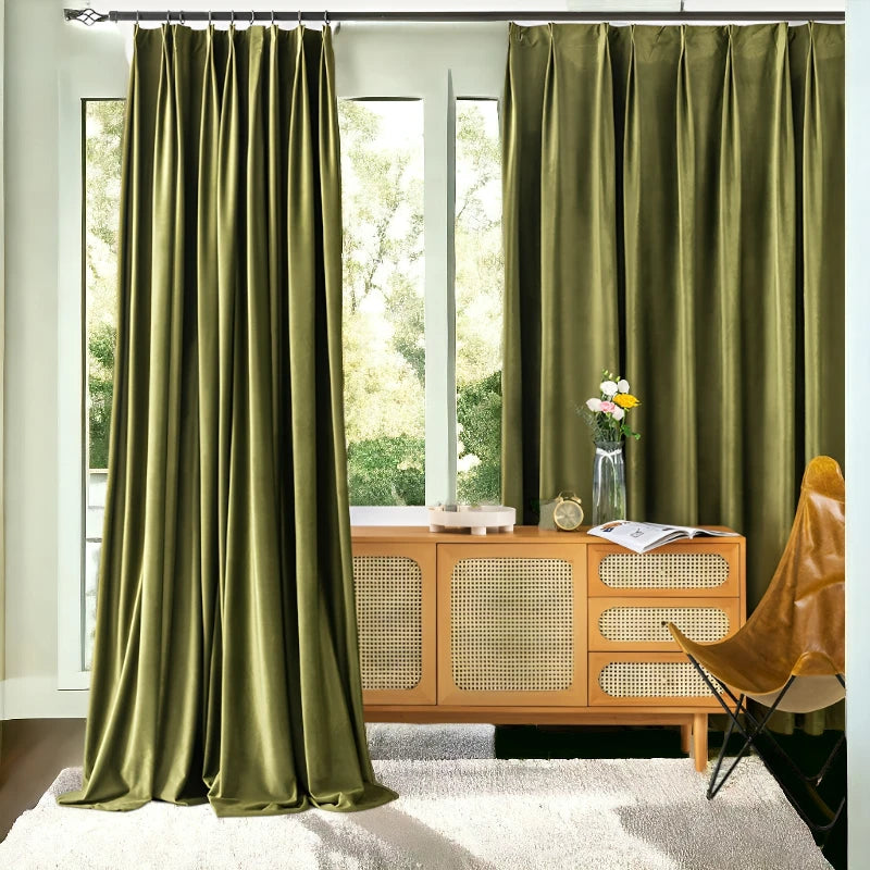 Kyra Luxurious Velvet Solid Green Blackout Custom Curtains - Thermal Insulated Window Drapes for Bedroom, Living Room & Home Theater