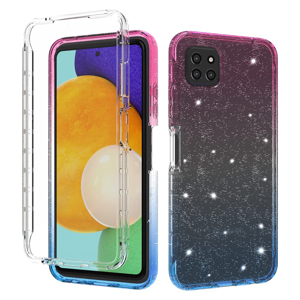 Samsung Galaxy A22 5G Phone Case with Built-in Screen Protector - Shockproof Hybrid Clear TPU Bumper Cover | Heavy Duty Protection | Glitter Pink & Blue Design | Perfect for Outdoor Activities, Travel & Daily Use