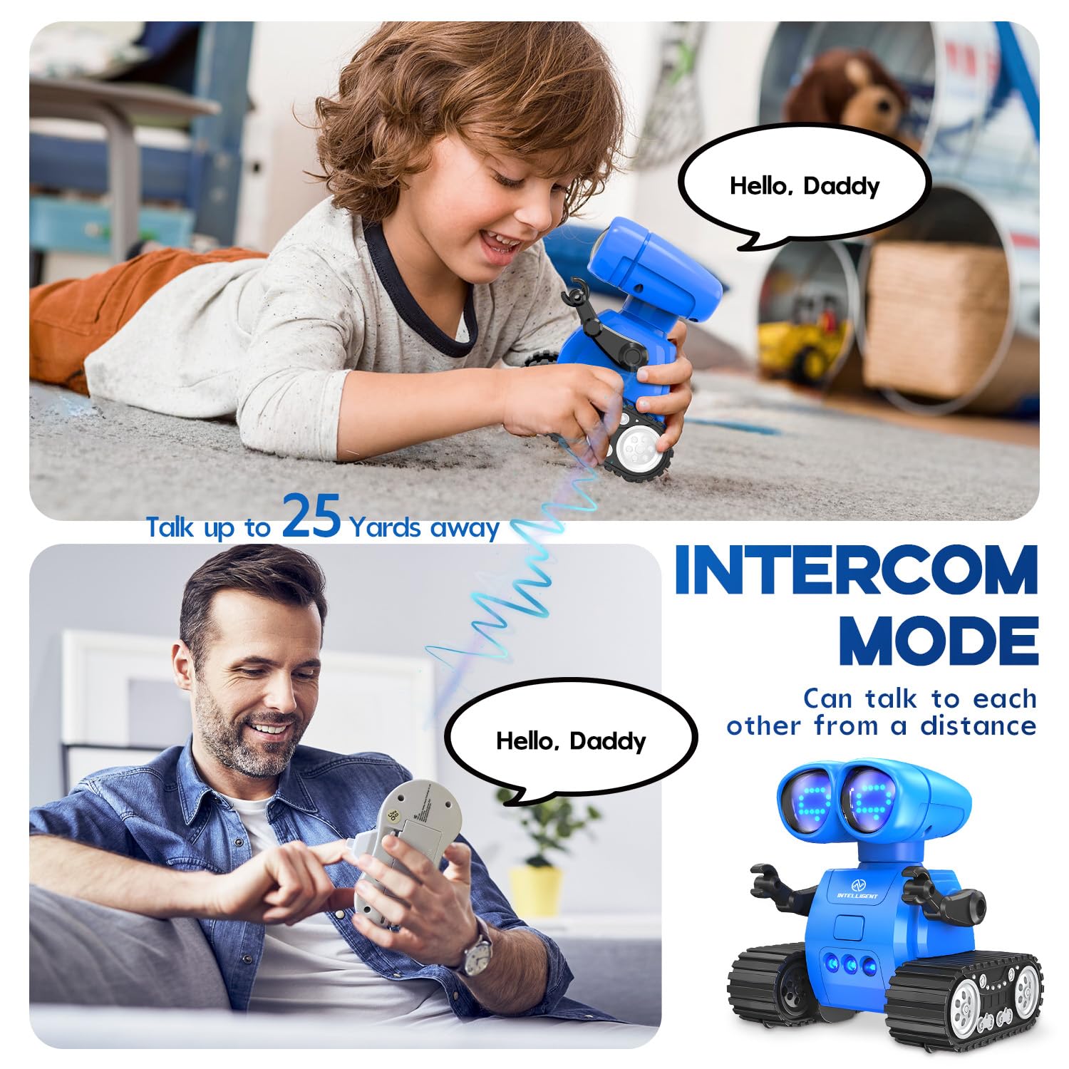 Rechargeable Remote Control Robot Toy with Auto-Demo, Music & LED Eyes - Walkie Talkie RC Robot for Kids Age 7-12 | Interactive STEM Toy Gift for Boys & Girls | Toddler Robot Toy for Indoor Play & Birthday Gifts (Blue)