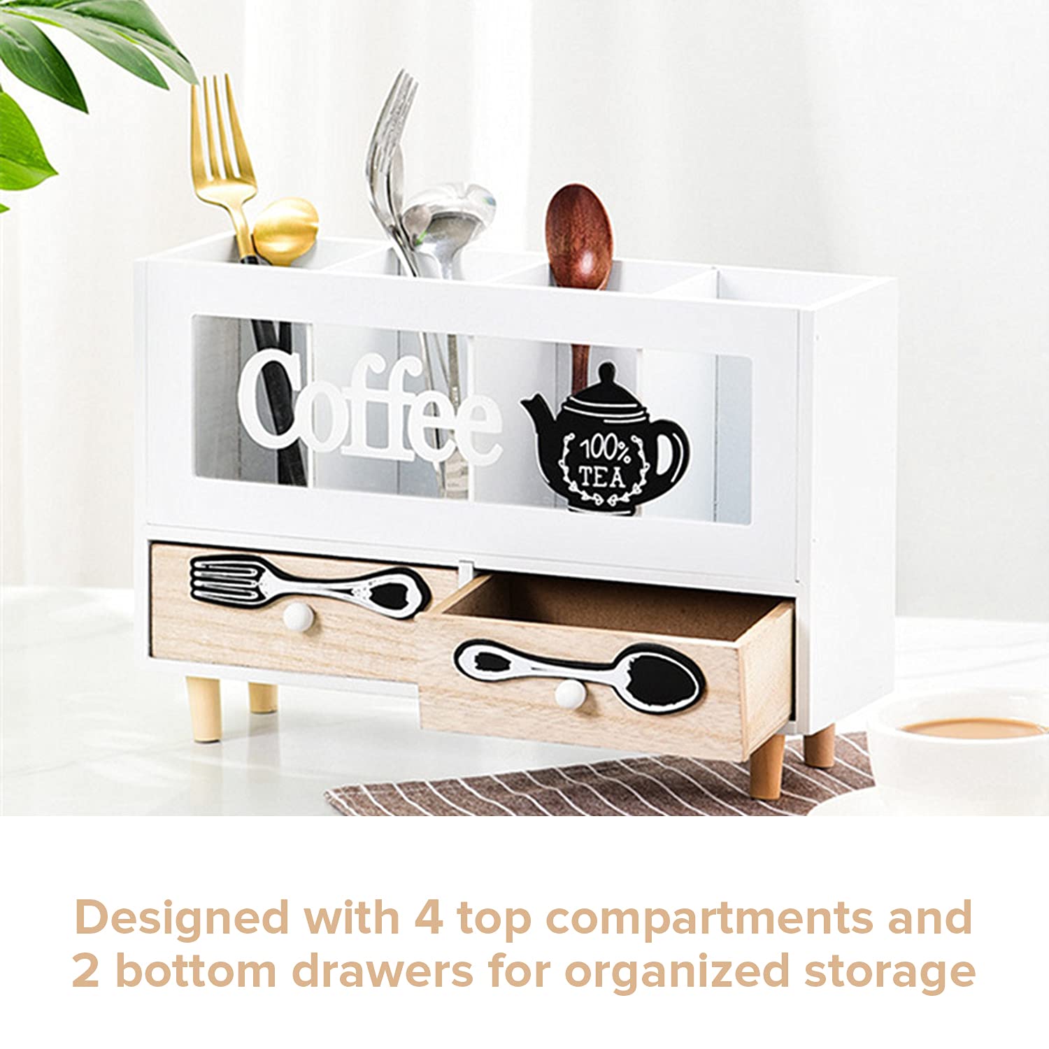 White Wooden Coffee Station Organizer with 2 Drawers - 11.8