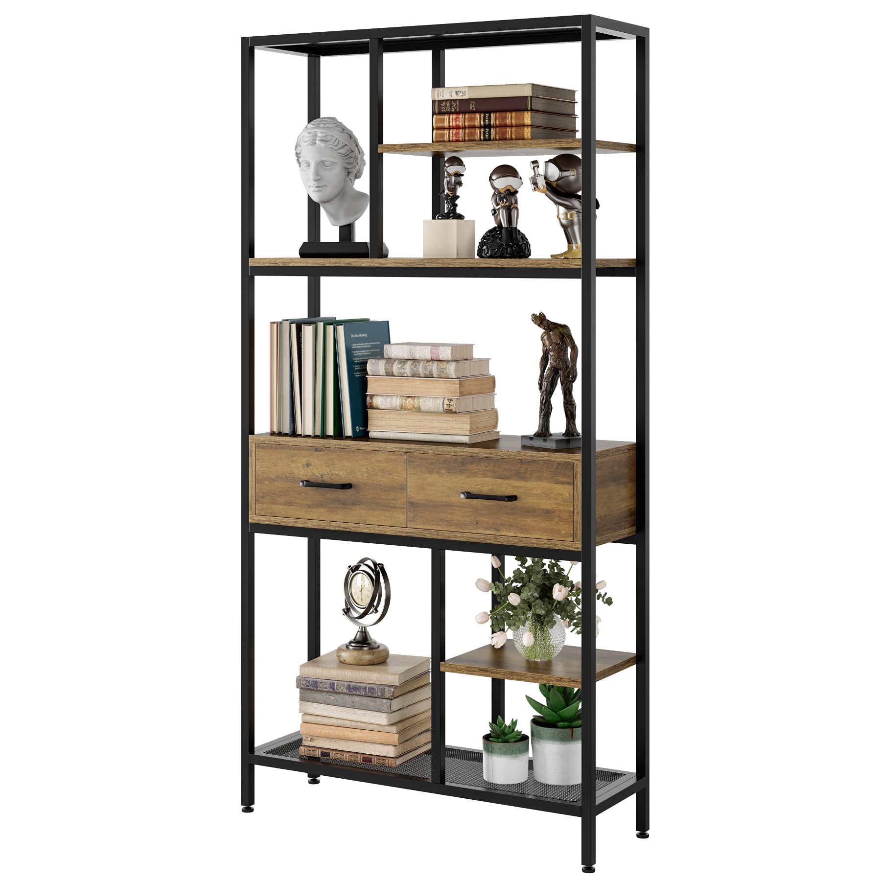 Industrial Tall Bookshelf with 6-Tier Storage & Drawers - Rustic Brown Bookcase for Office, Bedroom, Living Room - Perfect for Home Organization & Book Display