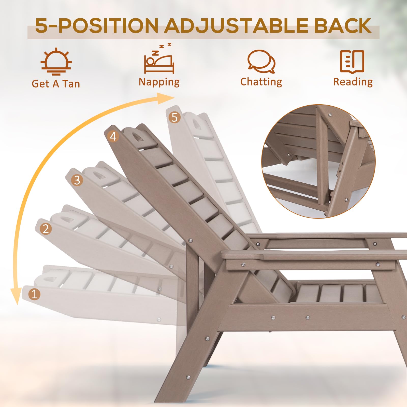 nalone HDPE Chaise Lounge Outdoor Chair - 5-Position Adjustable Backrest, 400 LB Weight Capacity - Grey Brown Patio Poolside Deck Beach Backyard Lounge Chair for Relaxing, Sunbathing & Outdoor Lounging