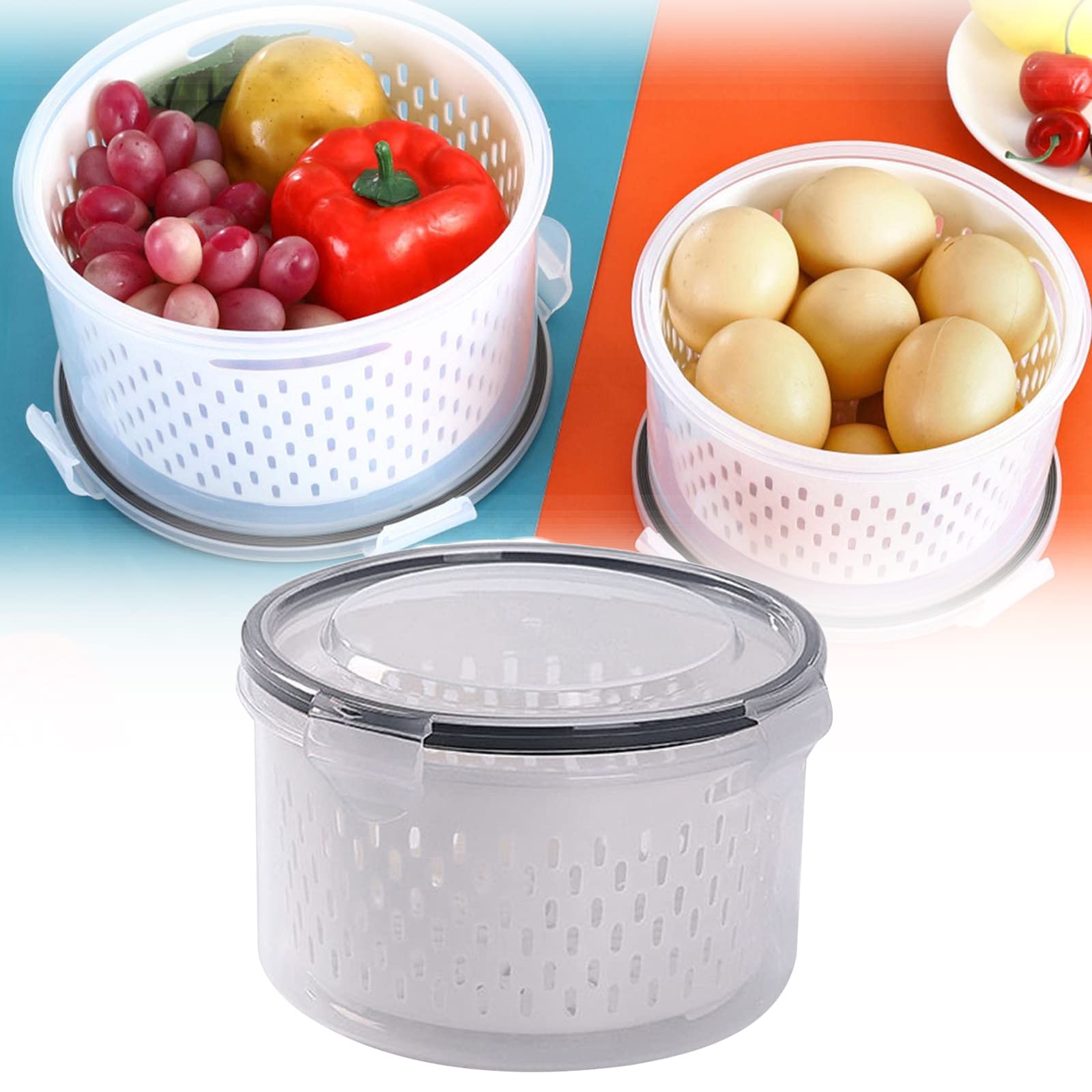 BPA-Free 3-in-1 Fruit and Vegetable Storage Containers for Refrigerator - 1250ML Round Produce Saver with Drain Colander & Lid - Perfect for Fresh Salad, Meat Storage and Kitchen Organization