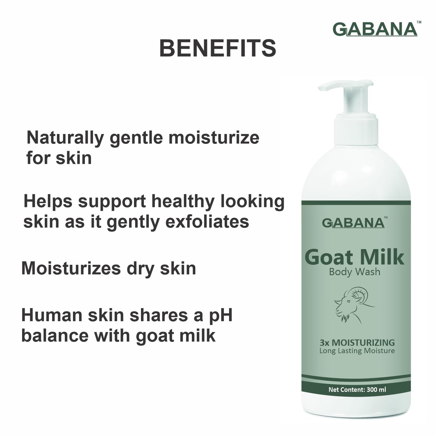 GABANA Goat Milk Body Wash for Dry Skin - Long Lasting Moisture & Skin Brightening (Pack of 2, 300ml) | Natural Body Cleanser for Sensitive Skin | Perfect for Daily Shower & Spa Relaxation at Home