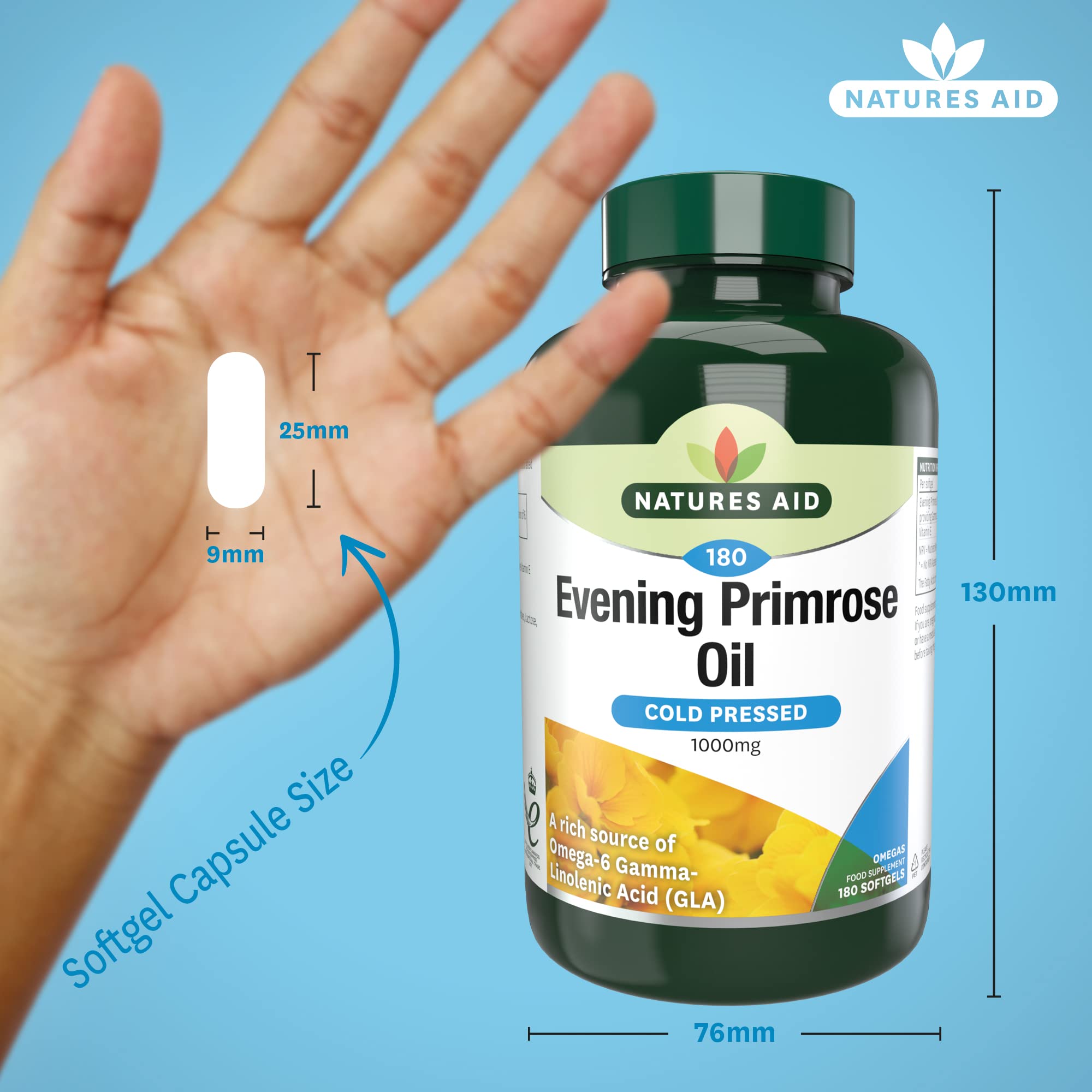 Natures Aid Evening Primrose Oil 1000mg - Cold Pressed Omega-6 GLA Supplement - 180 Softgel Capsules for Women's Health, Hormone Balance & Skin Care - Perfect for PMS Relief, Menopause Support & Healthy Skin Routine