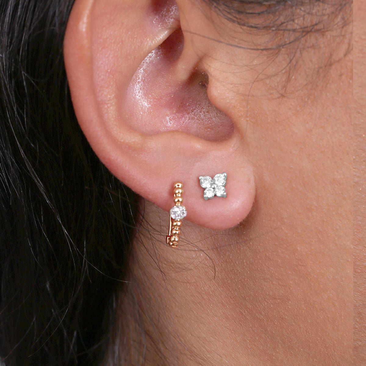 14k Rose Gold Beaded Diamond Huggie Hoop Earrings for Women - Perfect for Everyday Wear, Date Nights & Special Occasions