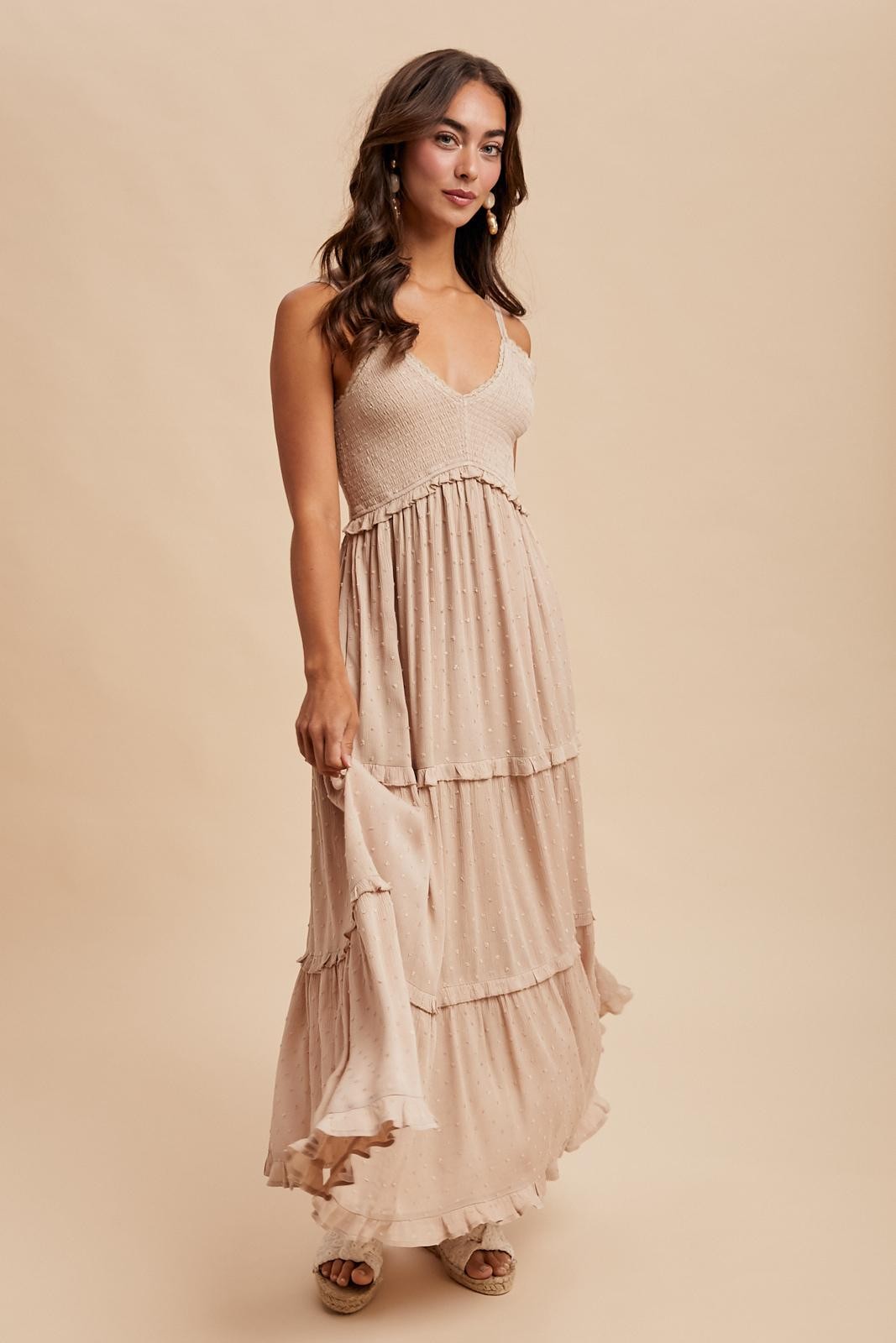 Beige Swiss Dot Smocked Sleeveless Maxi Dress for Women - Summer Beach Wedding Guest Dress, Boho Chic Maternity Dress, Casual Party Dress