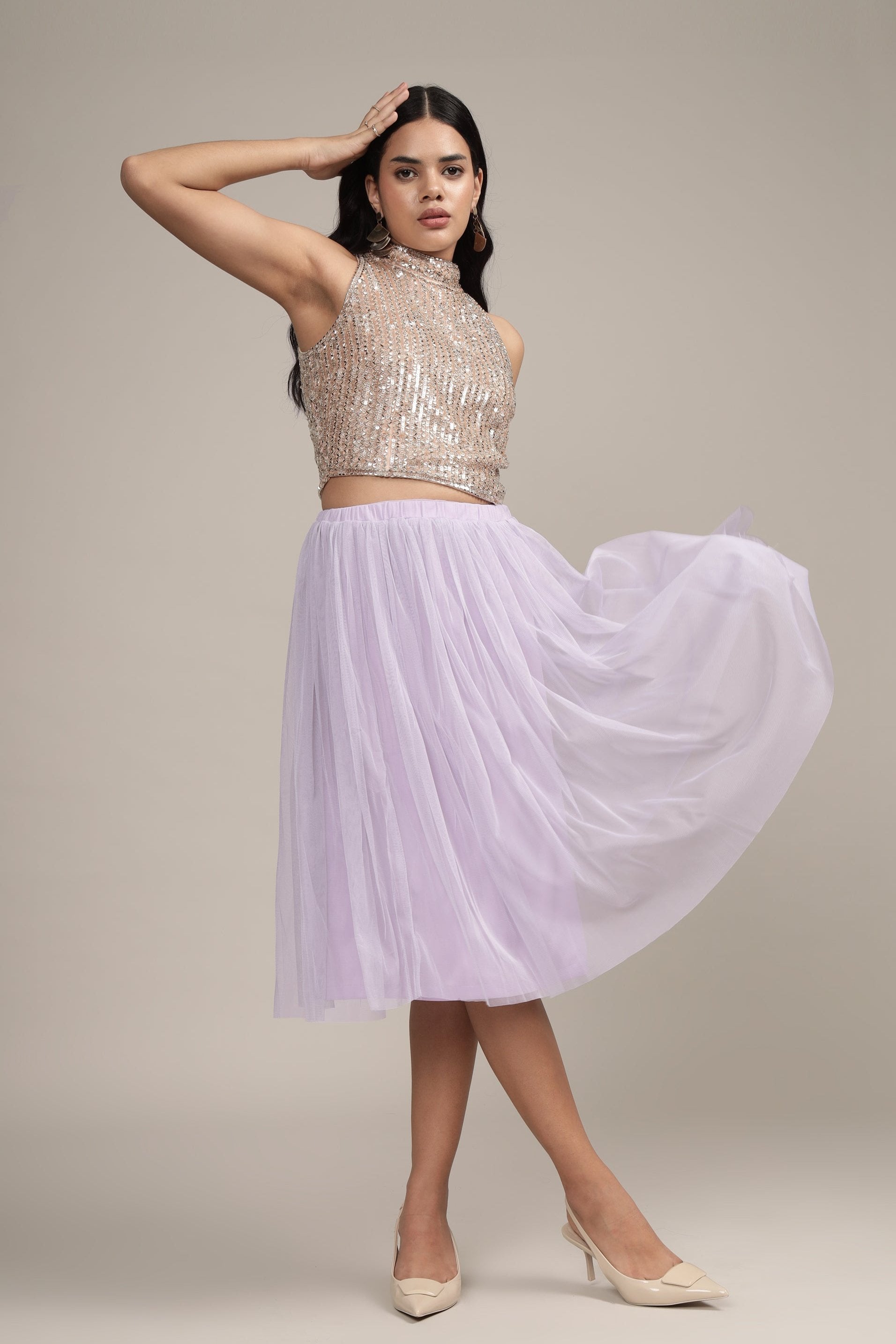 Elegant Merlin Lilac Tulle Midi Skirt for Women - Flowy A-Line Party Dress for Weddings, Prom & Special Occasions