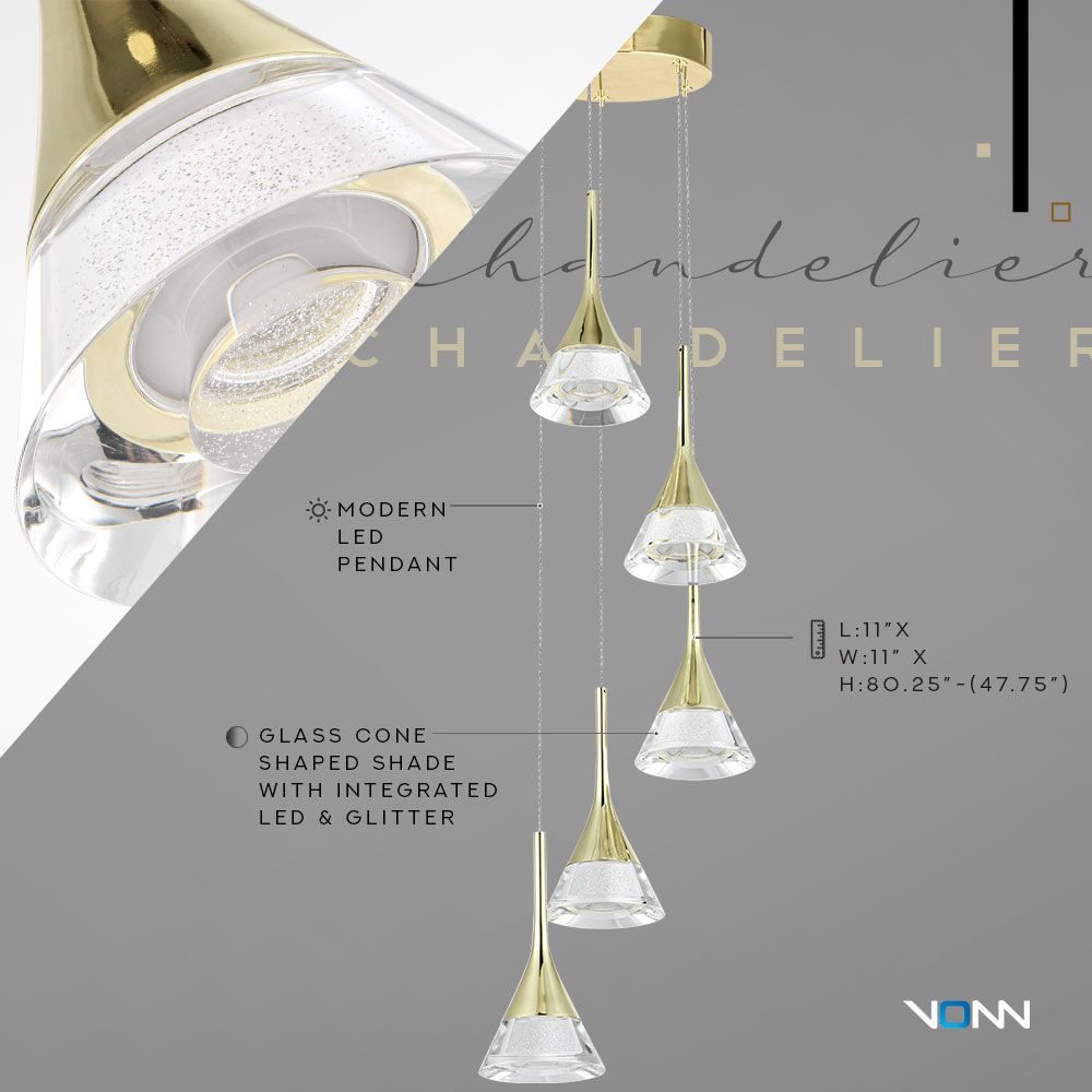 VONN Amalfi 5-Light LED Chandelier with Gold Cone Shades - Modern Crystal Ceiling Light Fixture for Dining Room, Bedroom & Living Room Decor