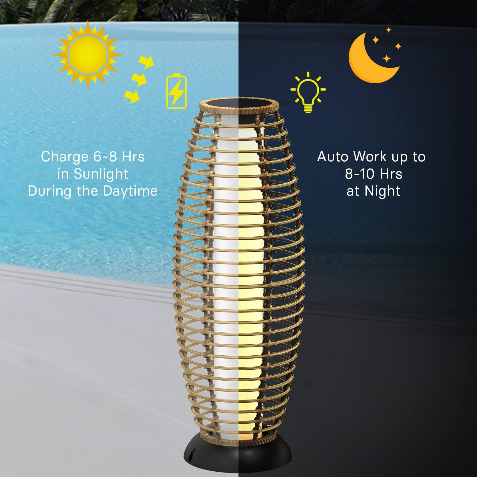 2-Pack Solar Powered Outdoor Floor Lamps - Weather-Resistant Wicker Patio Lights for Garden, Deck & Backyard - Large Solar Lanterns in Austin Natural Brown - Perfect for Evening Gatherings & Landscape Lighting