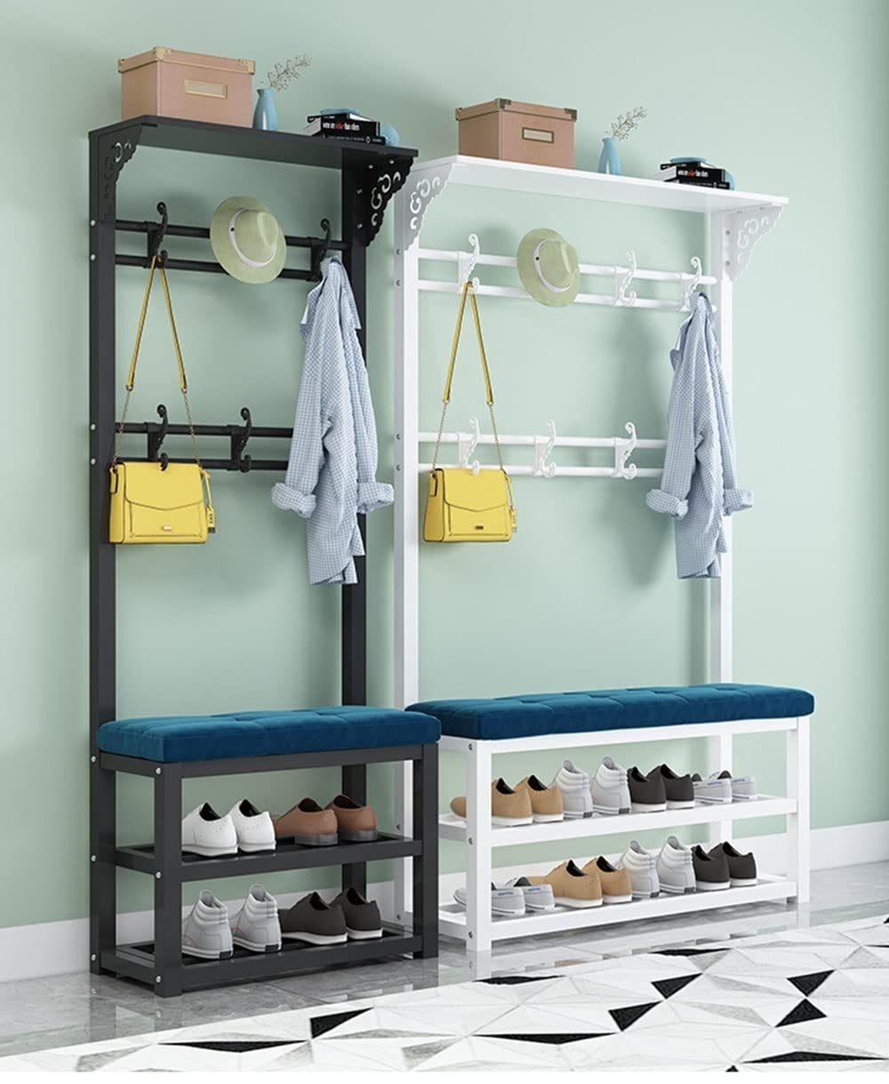 3-in-1 Entryway Coat Rack Shoe Bench with Umbrella Holder & Top Shelf - 80CM Carbon Steel Frame Hall Tree Organizer for Shoes, Coats & Accessories - Perfect for Small Spaces, Apartments & Mudroom Organization (Black)