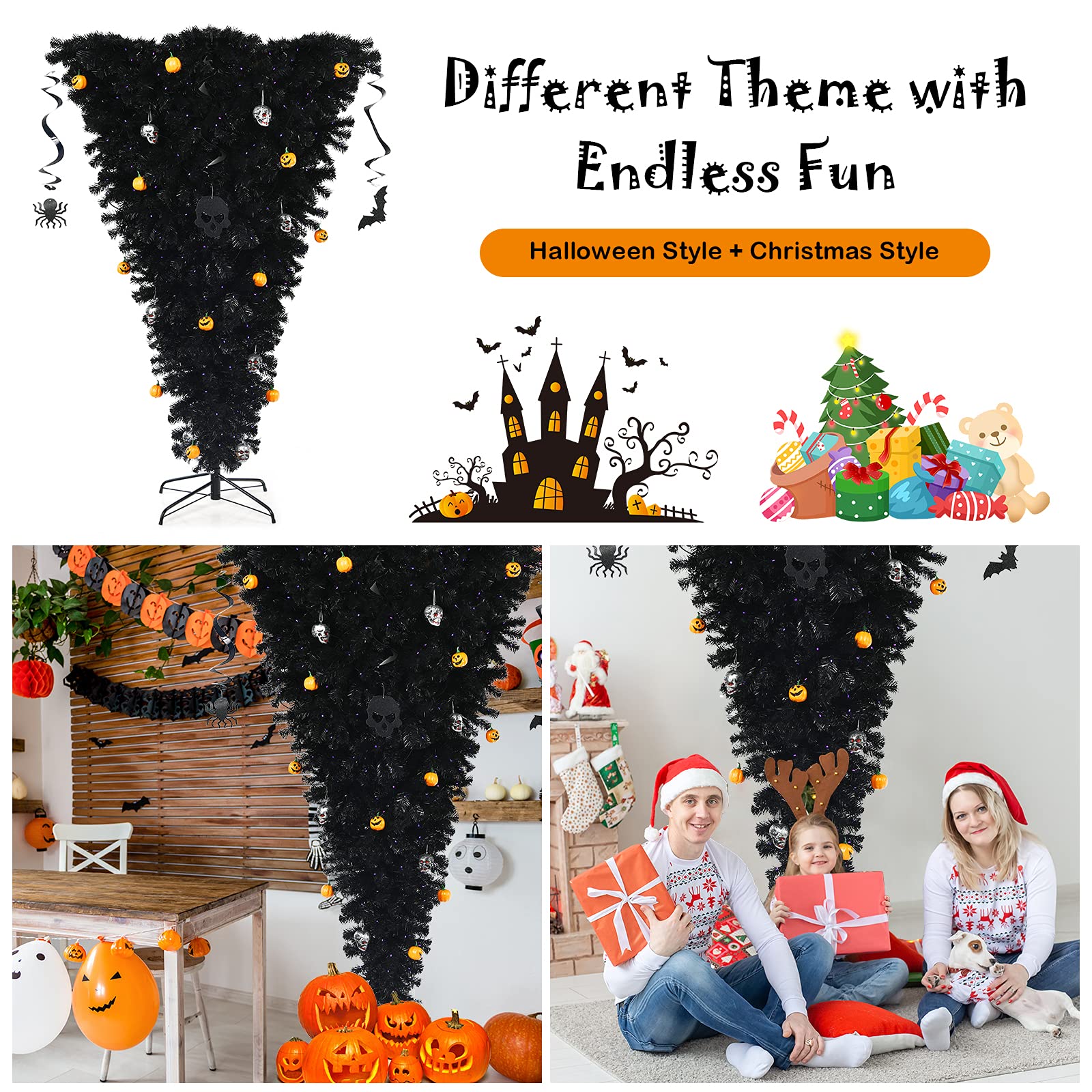 Goplus 6ft Pre-lit Upside Down Christmas Tree with 270 Purple LED Lights - Artificial Black Halloween Tree with Hinged Branches & Decorations - Unique Inverted Xmas Pine Tree for Holiday, Carnival, Party, Home & Office Decor