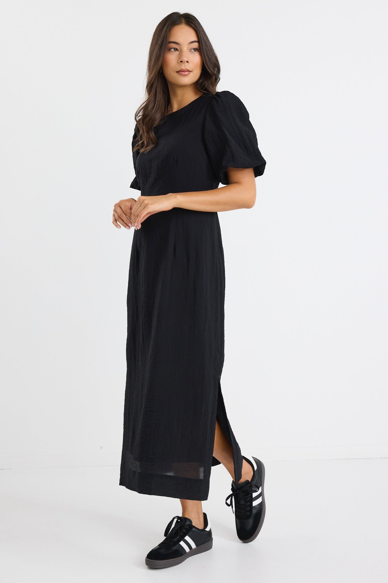 Elder Black Short Puff Sleeve Tie Midi Dress for Women - Elegant Party & Cocktail Attire - Perfect for Weddings, Date Nights & Special Occasions