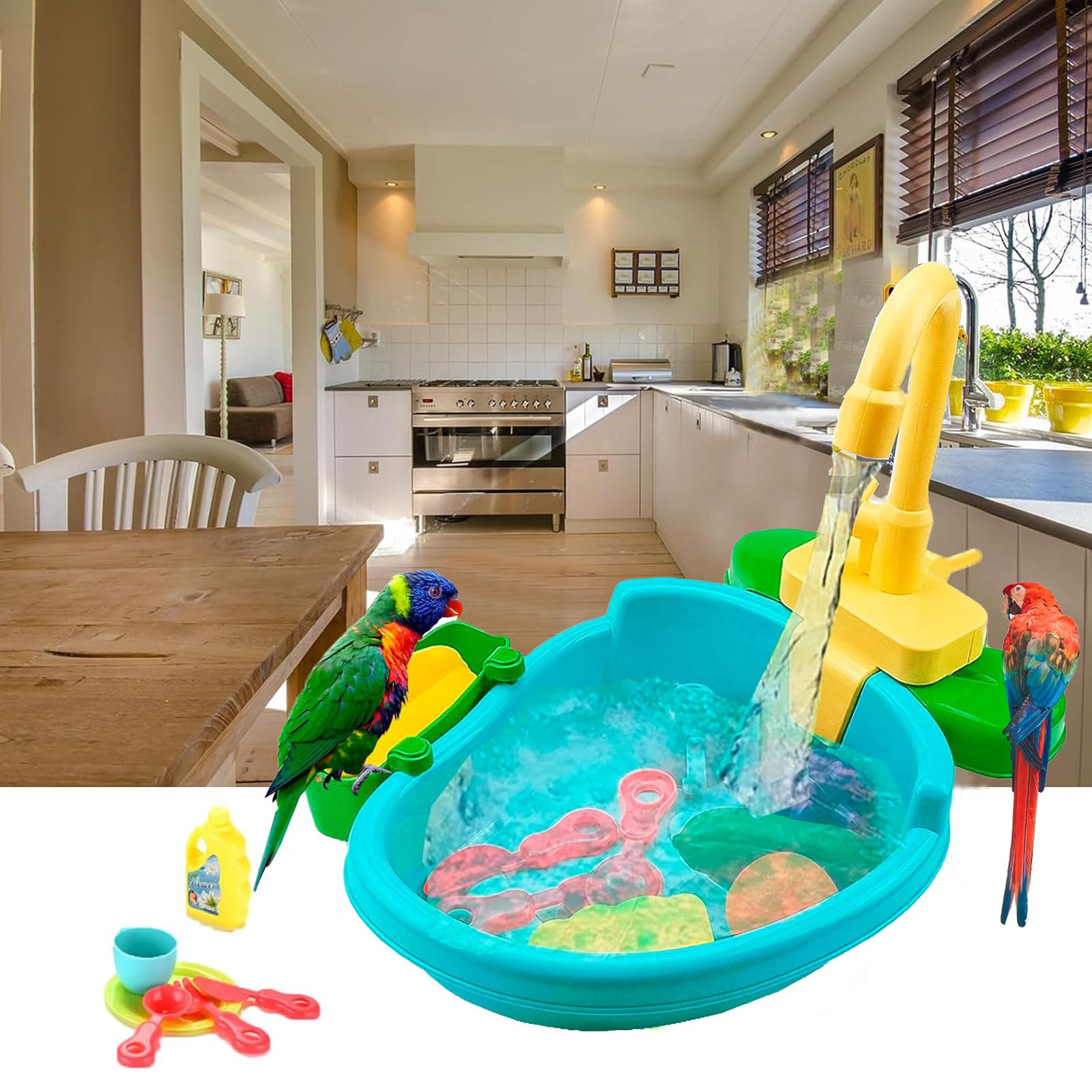 Parrot Shower & Automatic Bird Bathtub with Faucet - Pet Bath Pool for Parrots, Ferrets, Goldfinches | Indoor/Outdoor Cage Accessory & Playtime Water Fun (Green)