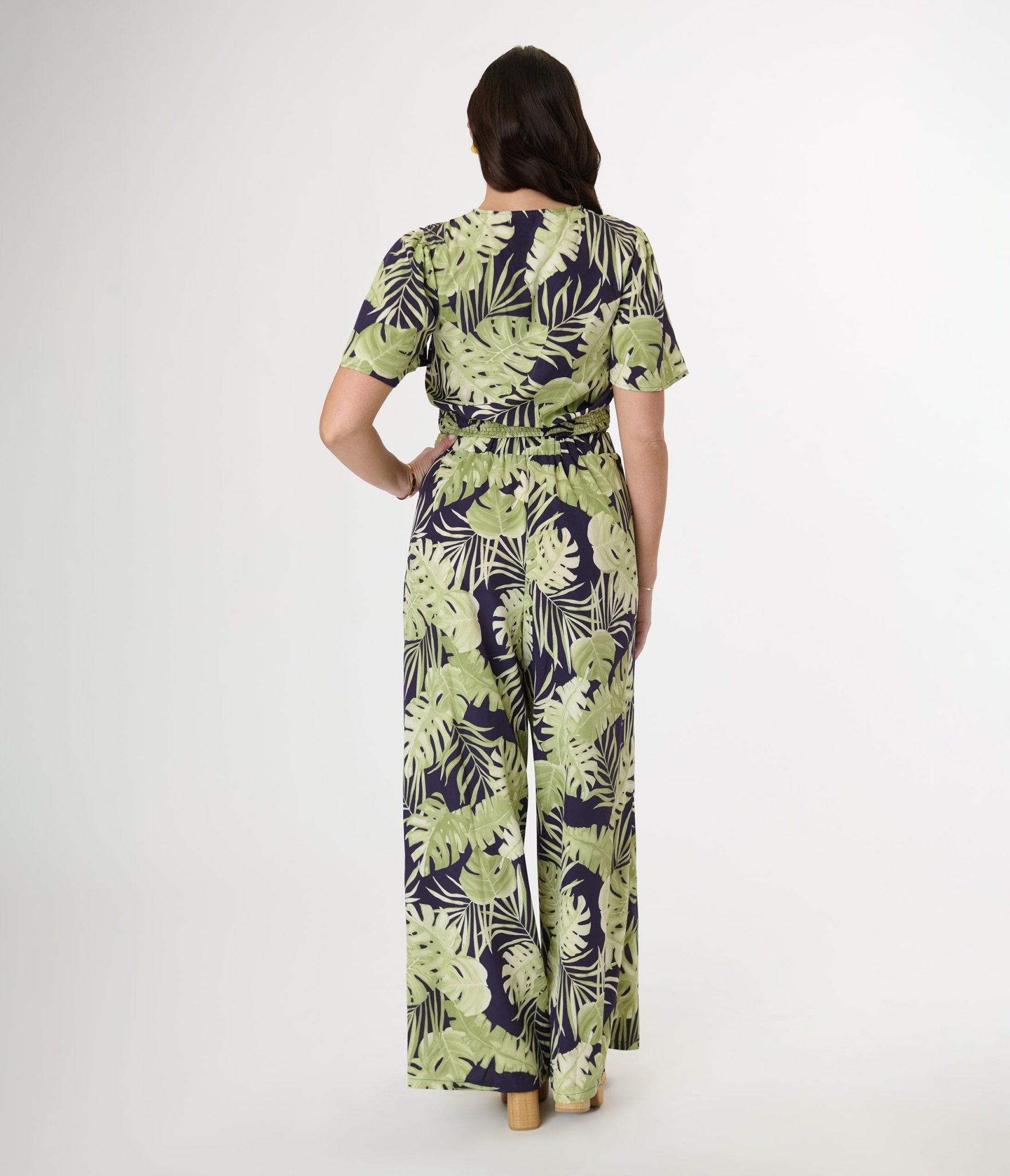 Navy & Green Tropical Print Belted Wide Leg Pants for Women - Comfortable High Waisted Palazzo Pants for Summer Vacation, Beach Outfits, and Casual Wear