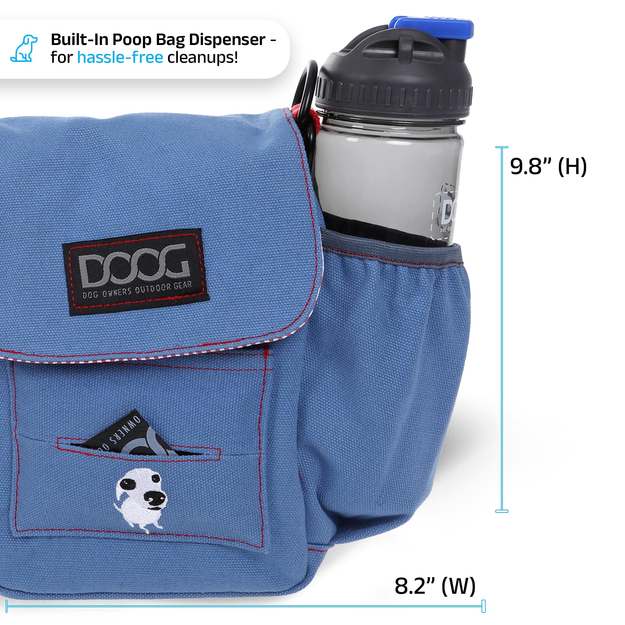 DOOG Adjustable Shoulder Walkie Bag with Poo Bag & Water Bottle Pockets - Light Blue Dog Walking Accessory for Outdoor Adventures, Hiking & Daily Walks