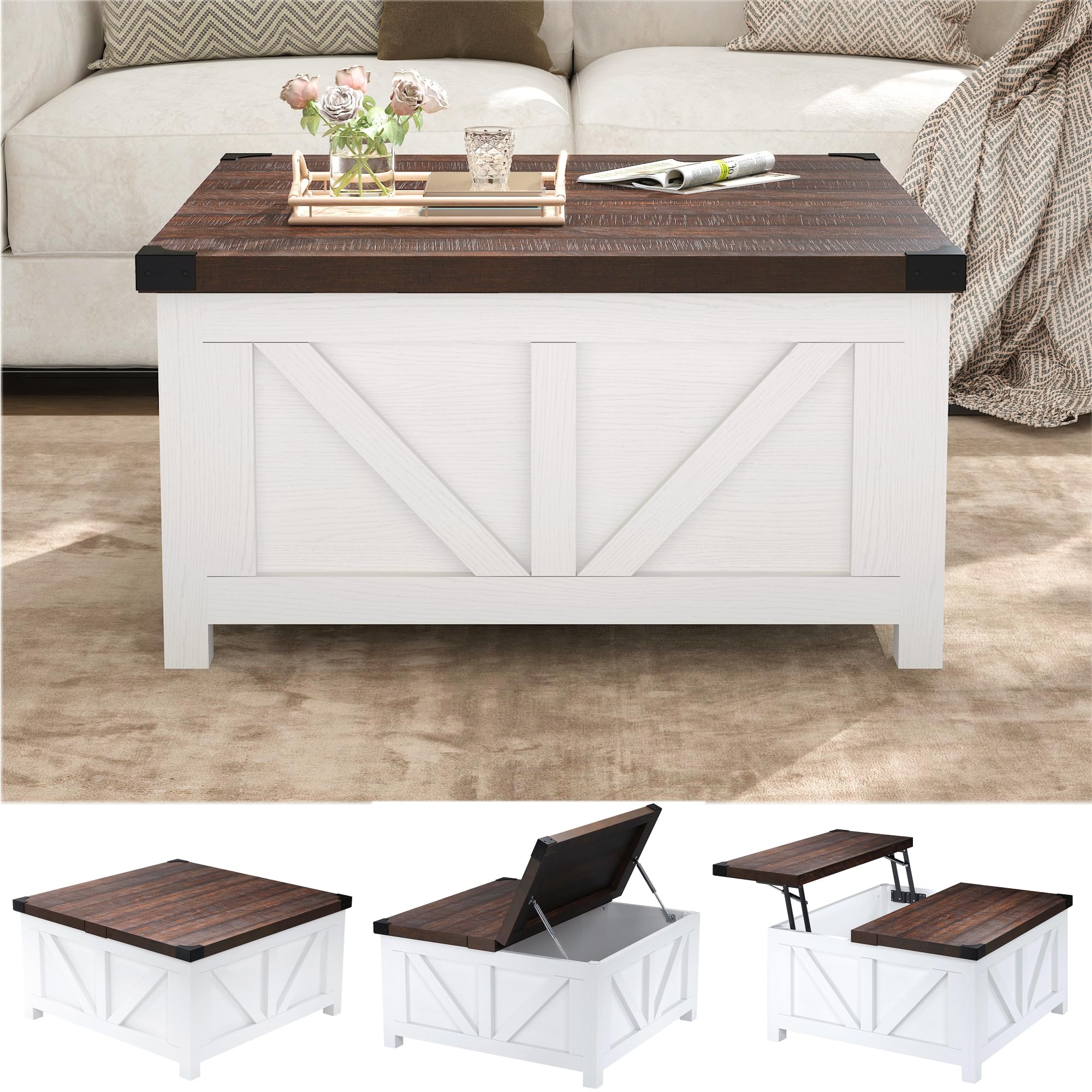 Farmhouse Lift Top Coffee Table with Storage - Wood Square Center Table with Charging Station & USB Ports - Large Hidden Compartment - Perfect for Living Room, Bedroom, Home Office - Ideal for Entertaining, Remote Work & Small Space Storage