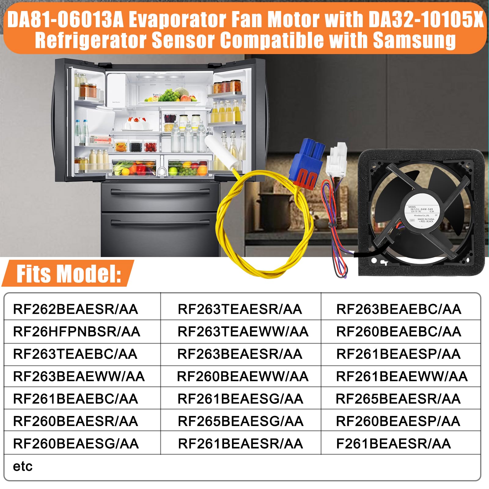 Upgraded DA81-06013A Refrigerator Evaporator Fan Motor - Compatible with Samsung Refrigerators RF263BEAESR RF260BEAESR - Quiet Operation with DA32-10105X Temperature Sensor - Perfect for Home Kitchen Fridge Repair and Maintenance