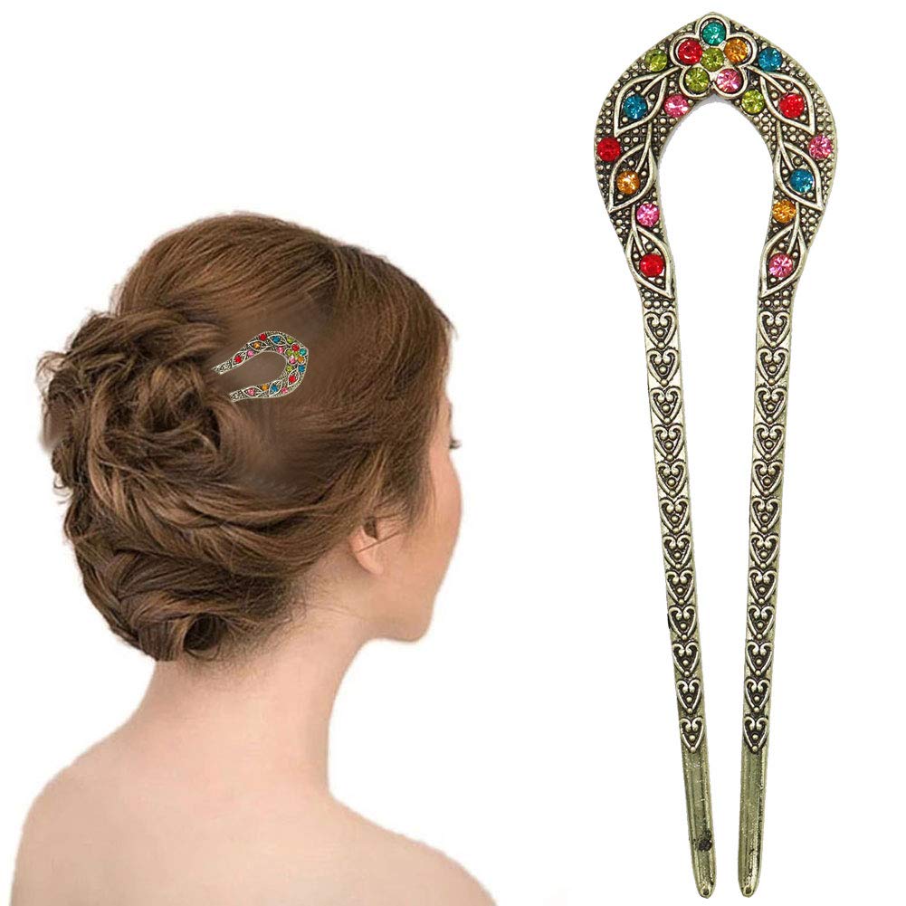 2 Pcs Vintage Crystal Rhinestone Hair Sticks - Double Prong Hair Pins for Chignon, Bun & Updo Hairstyles - Perfect for Weddings, Parties & Special Occasions