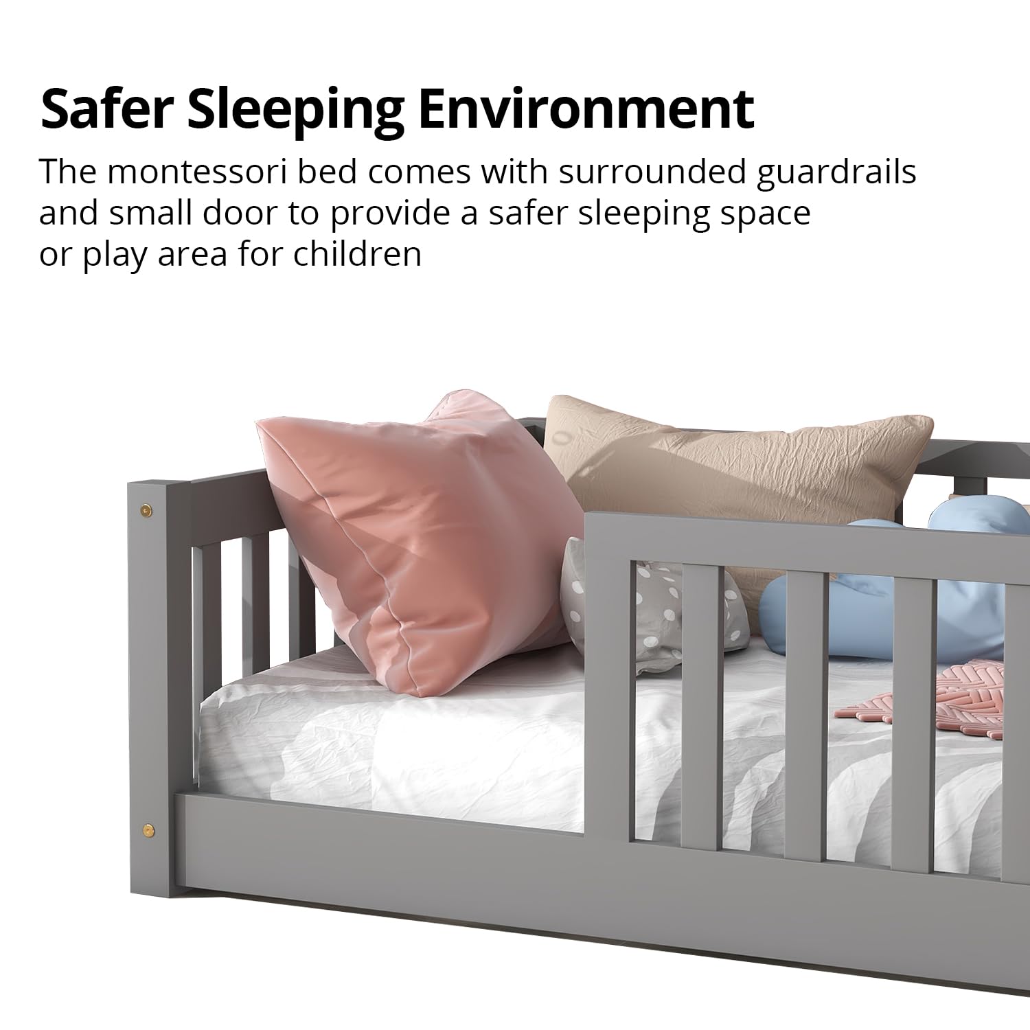 Montessori Twin Floor Bed for Kids - Solid Wood Toddler Bed Frame with Safety Guardrails, Multifunctional Low Profile Bed, Easy Assembly, Gray - Perfect for Montessori Rooms, Daycare, and Small Spaces