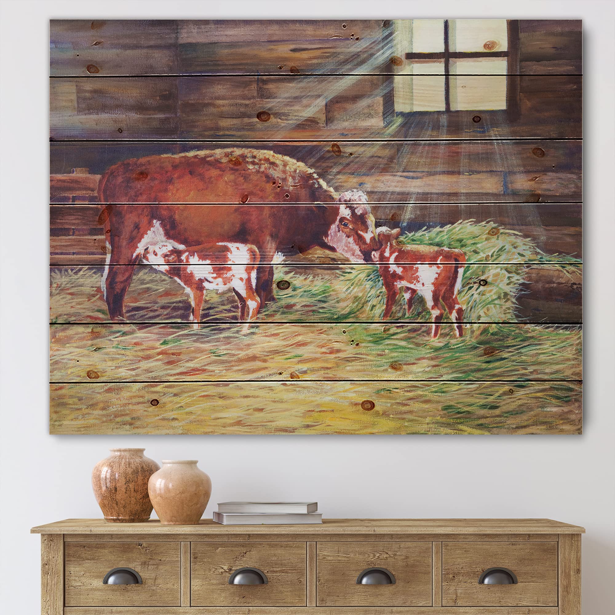 DesignQ Farmhouse Wood Wall Decor - Newborn Twin Calves at The Farm Brown Wood Wall Art, Large Animal Wood Panels Printed on Natural Pine - Perfect for Nursery, Living Room & Country Home Decor
