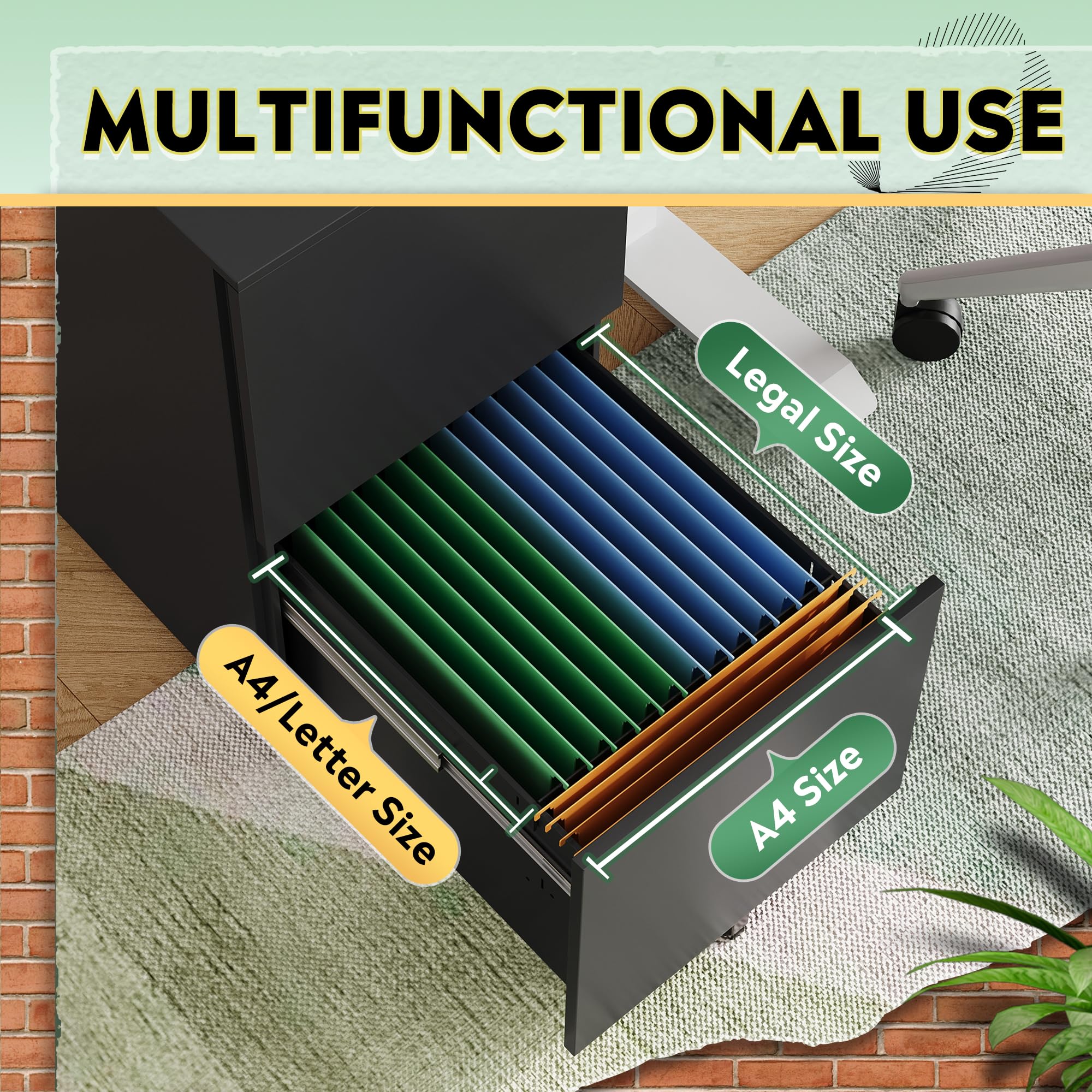 DEVAISE 2-Drawer Locking Rolling File Cabinet - Black Metal Filing Storage for Home Office, Fully Assembled Under Desk Organizer - Perfect for Document Storage & Workspace Organization