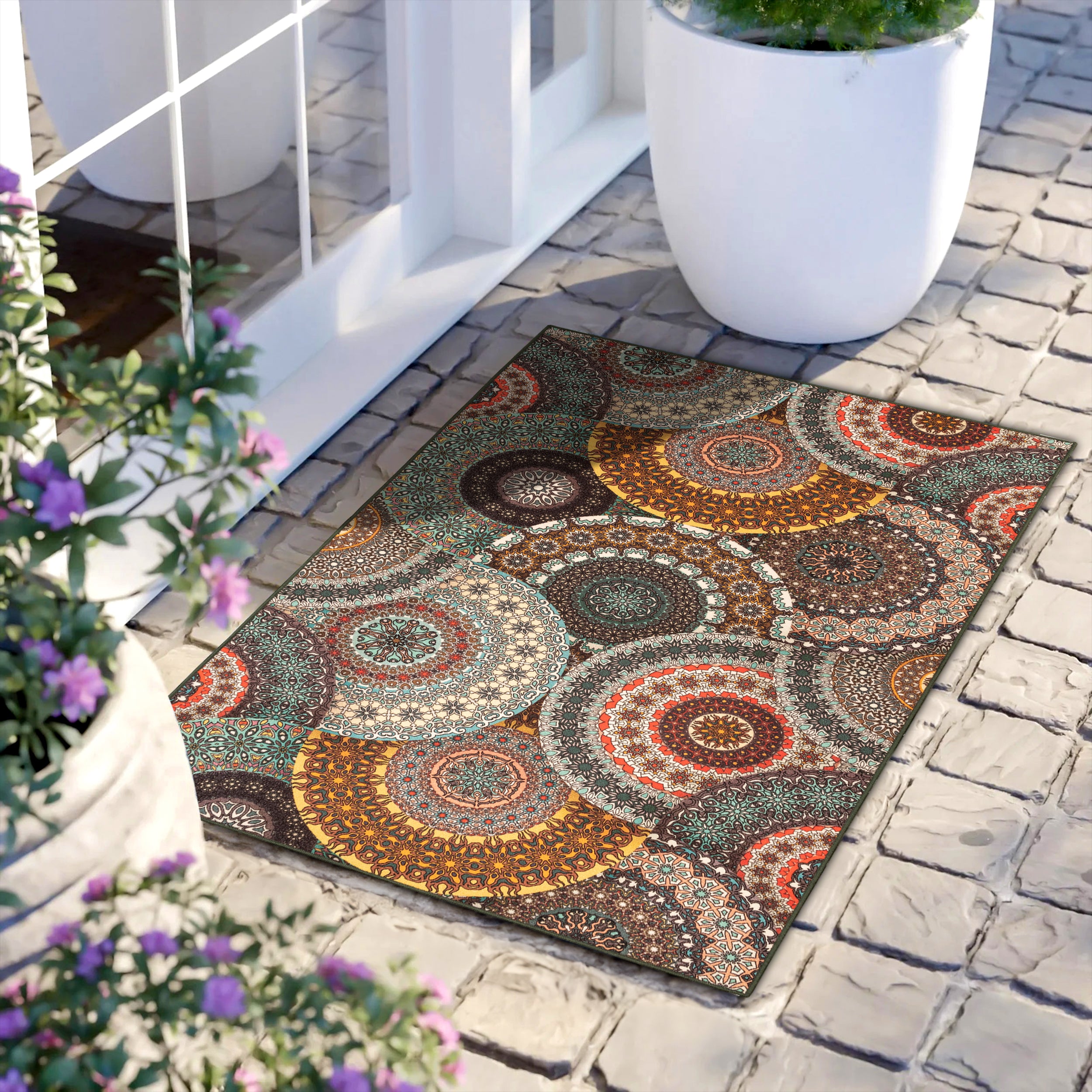 Evaline Bohemian Medallion Non-Slip Indoor/Outdoor Area Rug - Perfect for Living Room, Bedroom, Patio & Deck Decor