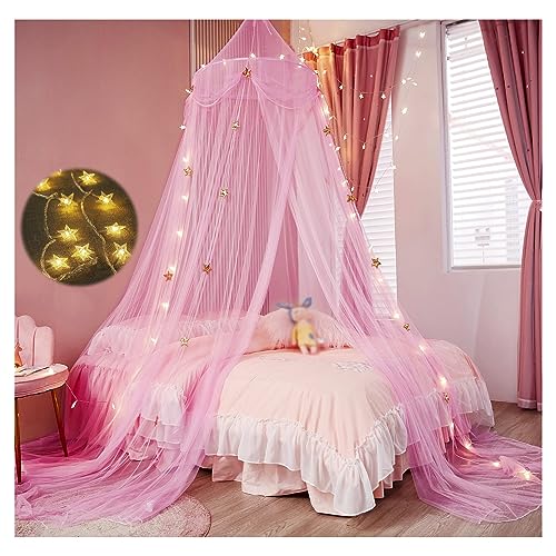 Princess Bed Canopy with Lights - Pink Mosquito Net for Girls & Adults, Round Dome Bed Netting for Romantic Bedroom Decor & Sleep Protection