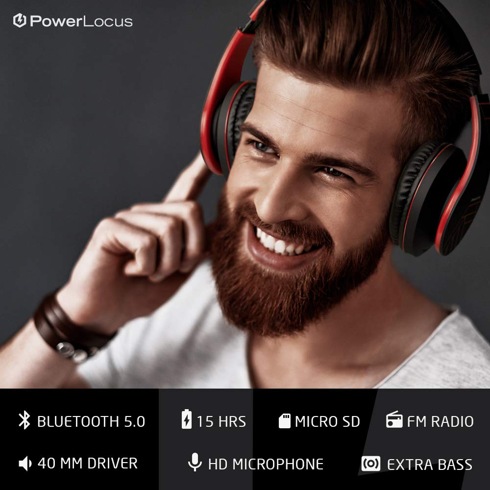 PowerLocus Bluetooth Over-Ear Headphones - Wireless & Wired Stereo Headset with Built-in Mic, Foldable Design, Micro SD/TF & FM Radio - Compatible with iPhone, Samsung, iPad, PC (Black/Red) - Perfect for Travel, Workouts & Home Entertainment