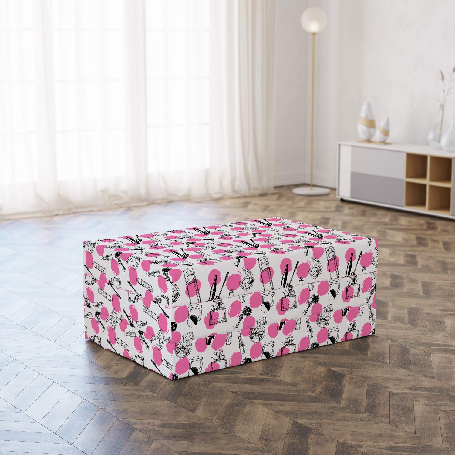 Ambesonne Feminine Foldable Mattress - Pink & Charcoal Grey Makeup Themed Twin Size (74.8