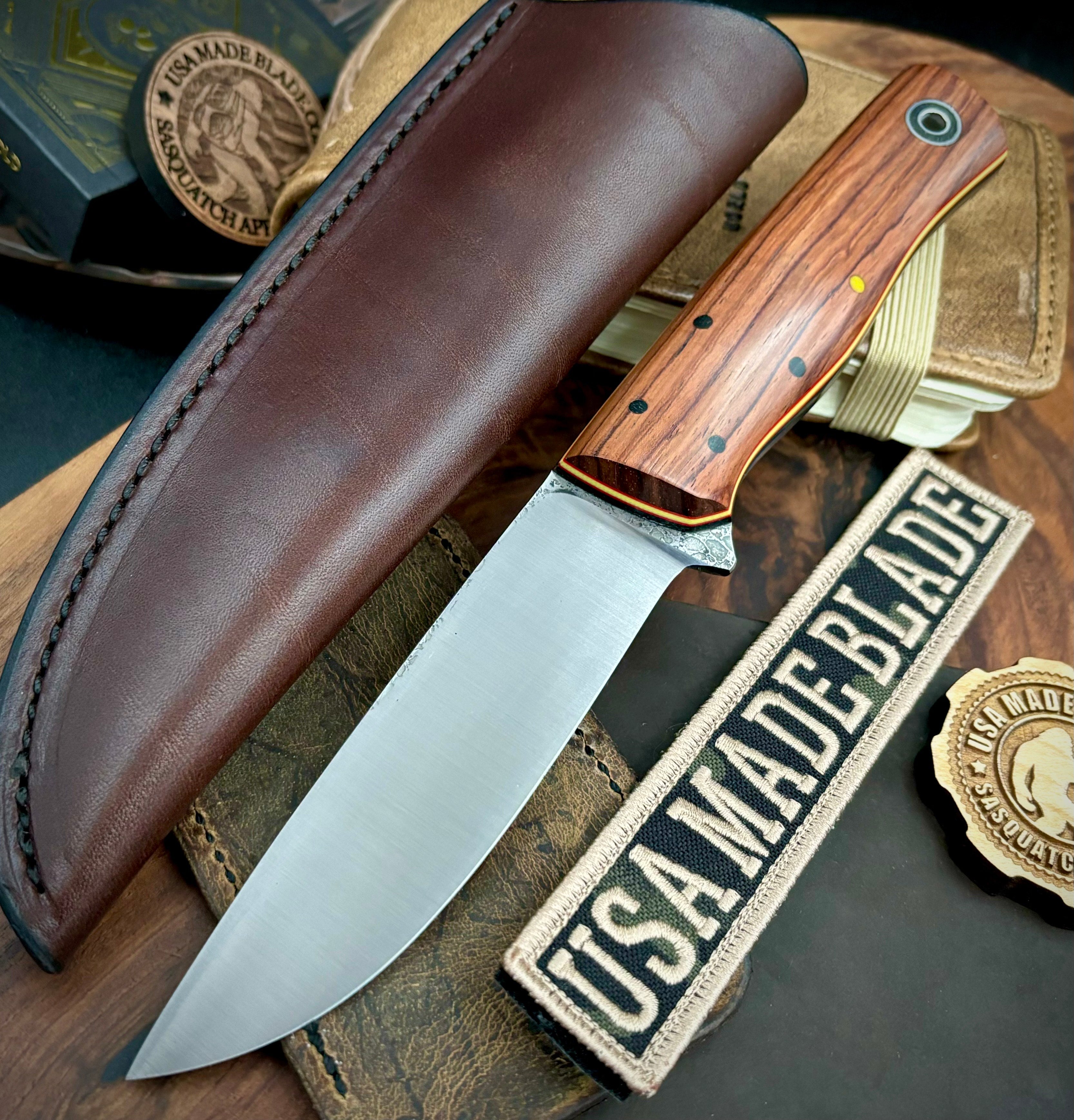 Fiddleback Forge Leuku Knife - 1084 Steel Blade with Honduran Rosewood Handle, Black Liners & Red/Yellow Stripes - Perfect for Bushcraft, Camping, and Outdoor Survival