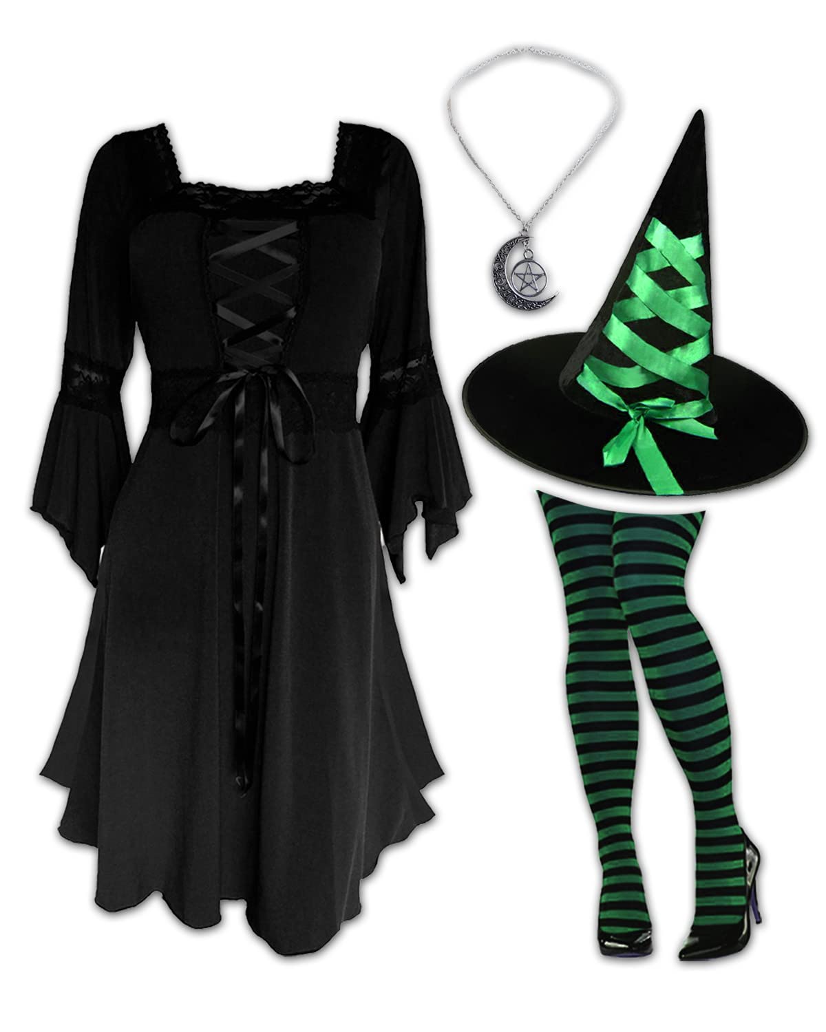 Gothic Witch Costume Set - Ribbon Hat, Pentagram Necklace & Black Dress for Halloween & Cosplay