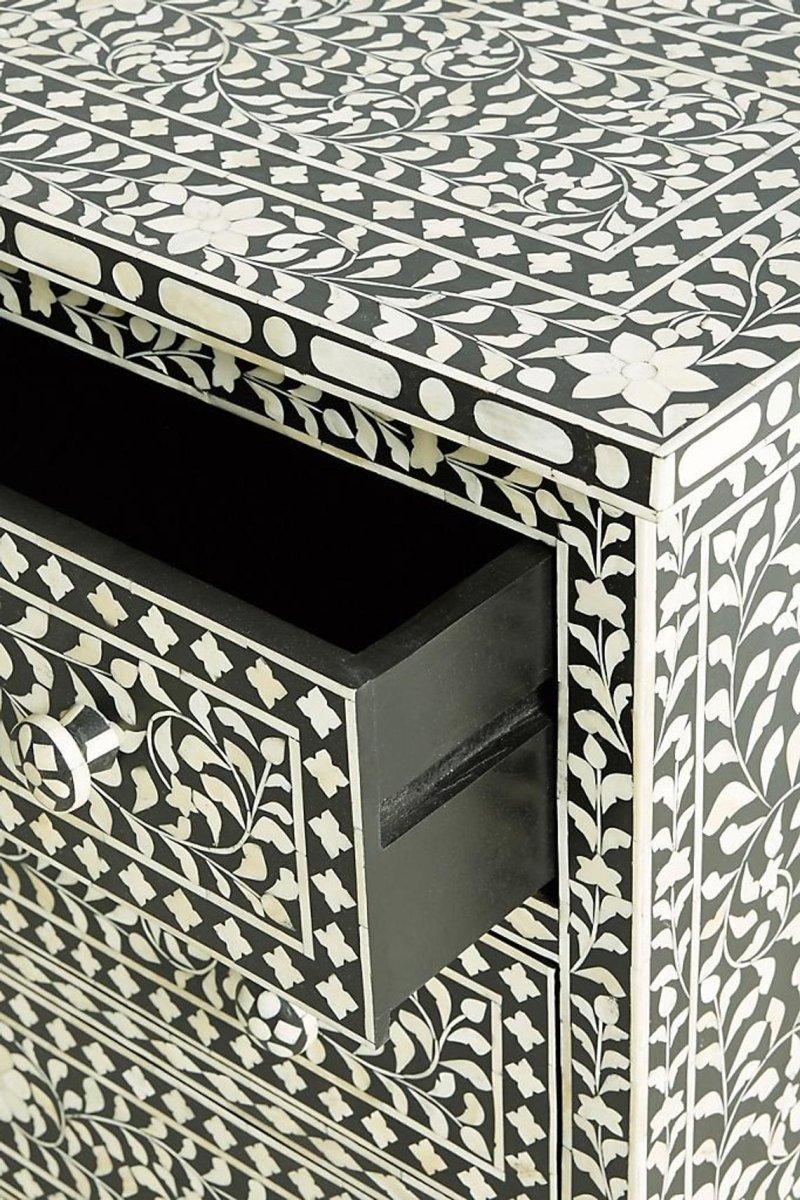 Handmade Bone Inlay Dresser with 3 Drawers - Black & White Vintage Style Wooden Chest for Bedroom, Living Room & Entryway Storage