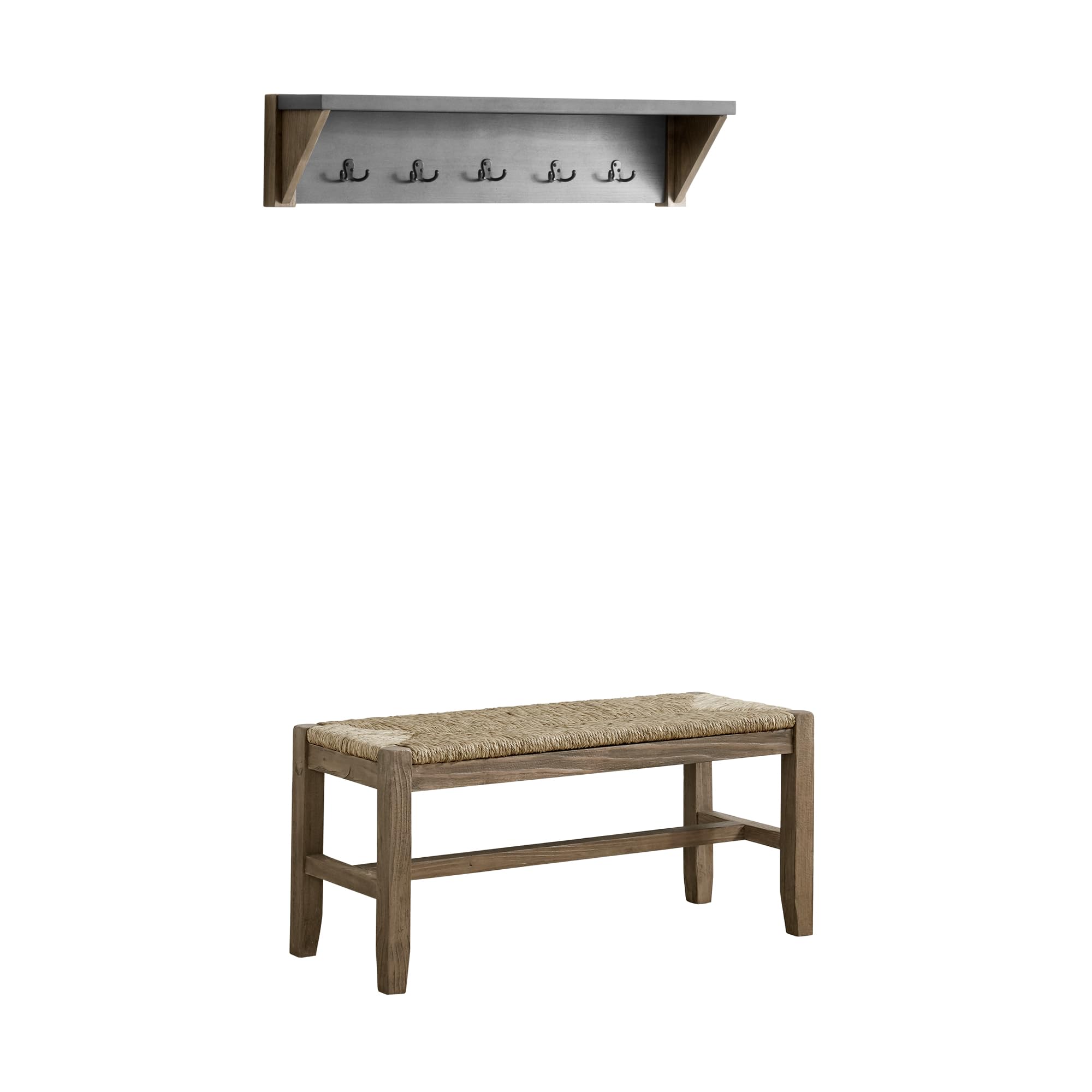 Newport 40-Inch Entryway Coat Rack with Shelf and Bench Set - Light Amber Wood & Faux Concrete Finish - 5 Black Double Hooks - Hallway Organizer for Coats, Hats & Bags - Perfect for Mudroom, Foyer or Bedroom Decor (Coat Hook: 40