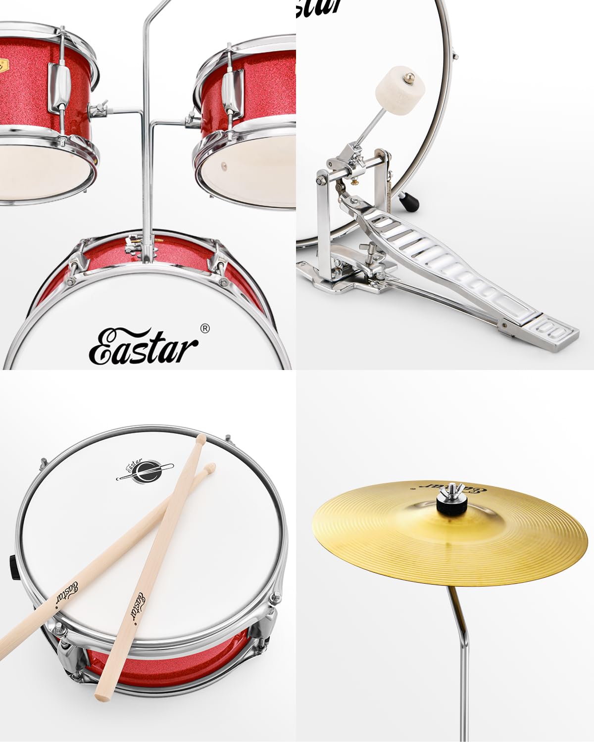 Eastar 3-Piece 14'' Junior Drum Set for Kids & Beginners - Complete Drum Kit with Adjustable Throne, Cymbal, Pedal & 2 Pairs Drumsticks - Perfect for Home Practice, Music Lessons & First-Time Players (Metallic Red)