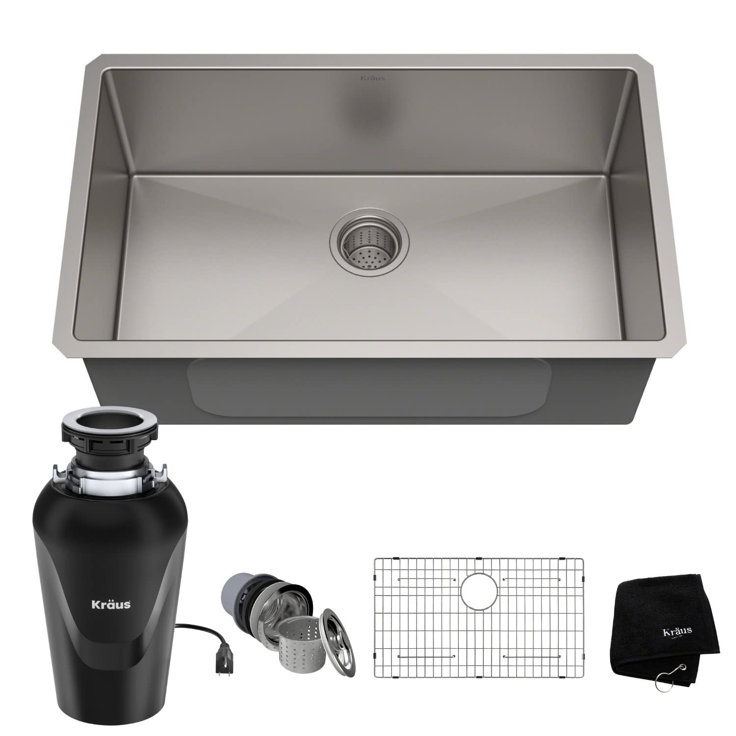 KRAUS Standard PRO™ 30-inch 16 Gauge Undermount Single Bowl Stainless Steel Kitchen Sink with WasteGuard™ Garbage Disposal - Durable, Quiet & Easy to Clean - Perfect for Modern Kitchens, Home Renovations & Chef-Style Cooking