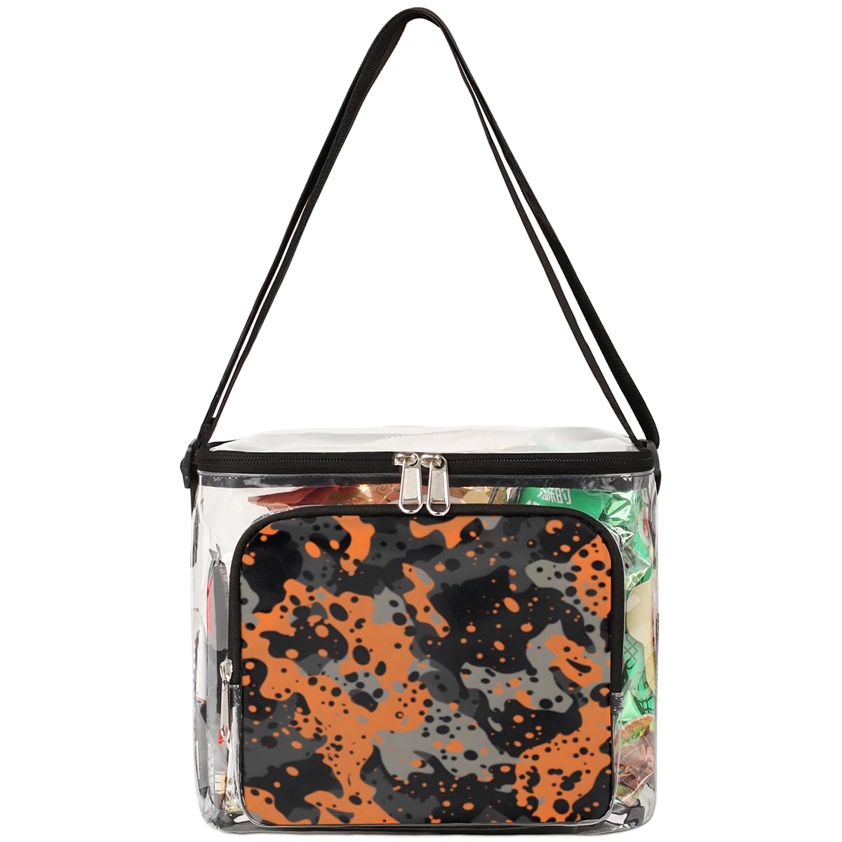Military Camouflage Orange Black Clear Tote Bag with Handles - Transparent Crossbody Shoulder Bag for Outdoor, Travel, Picnic, Concerts & Sports Events - Stadium Approved Lunch Bag - Durable & Stylish for Camping, Beach & Shopping