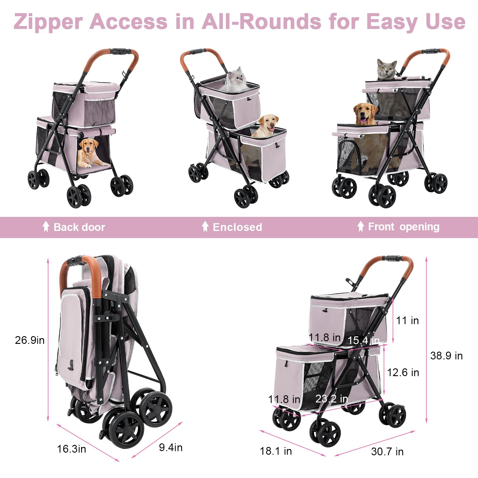 Double Pet Stroller for Dogs and Cats - Lightweight Foldable Travel Carrier with 4 Wheels for Small & Medium Pets (Pink) | Perfect for Park Walks, Vet Visits & Shopping Trips