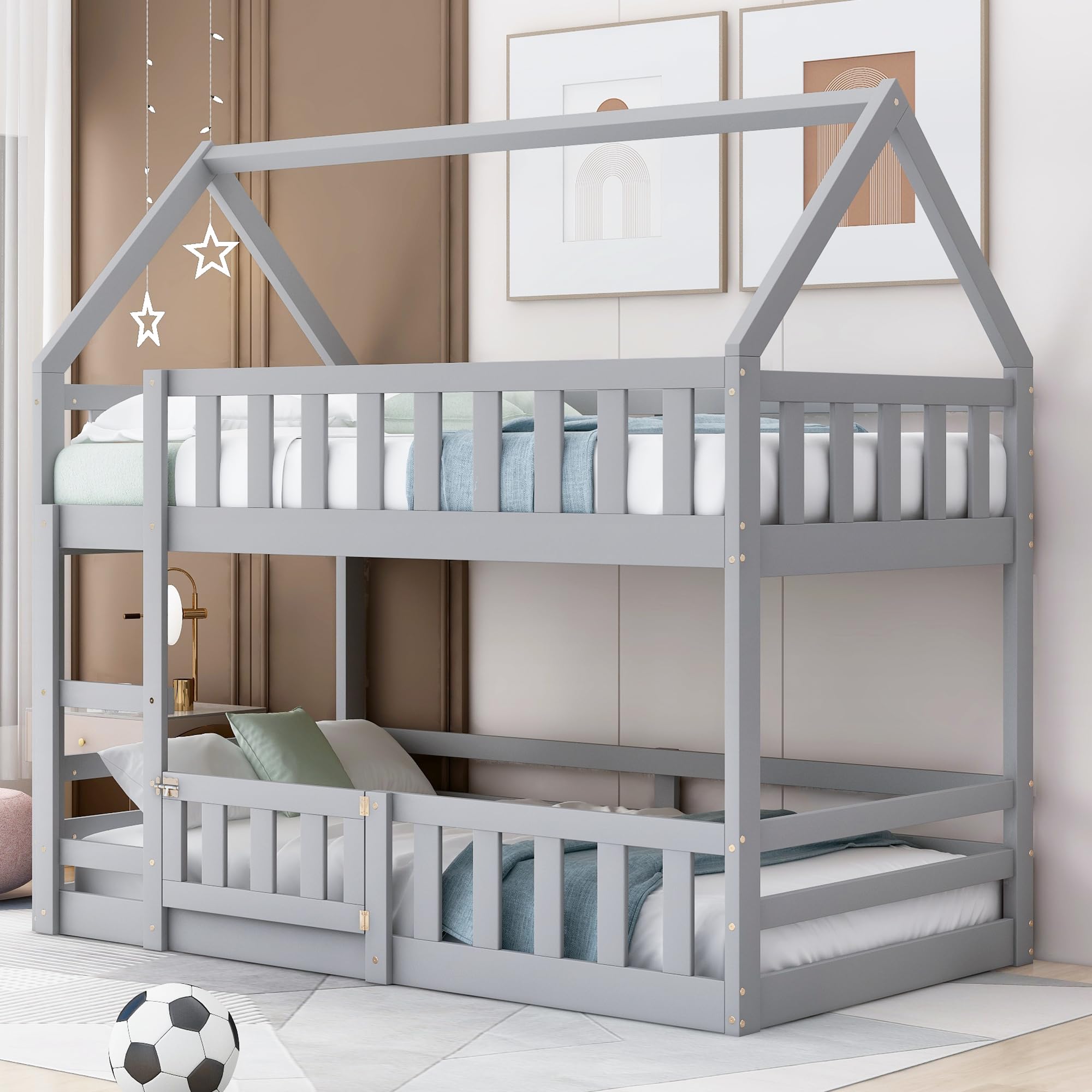 SOFTSEA Twin Over Twin Kids Bunk Bed - Low Floor House Design with Safety Fence, Door & Guardrails - Sturdy Wood Frame with Ladder - No Box Spring Needed - Gray - Perfect for Kids' Bedrooms, Guest Rooms & Small Spaces