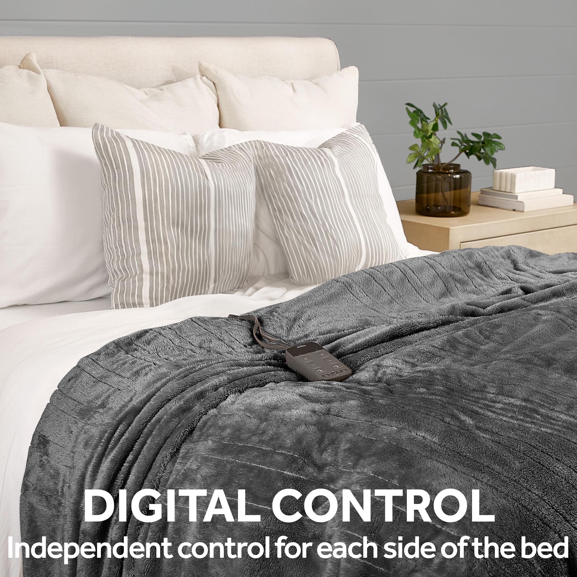 Sunbeam Electric Wi-Fi Connected Loftec Heated Blanket - 10 Heat Settings, 10-Hour Auto Off, Fast Heating Smart Blanket with Voice & Wired Controller - Night Fog Grey, Queen Size (90