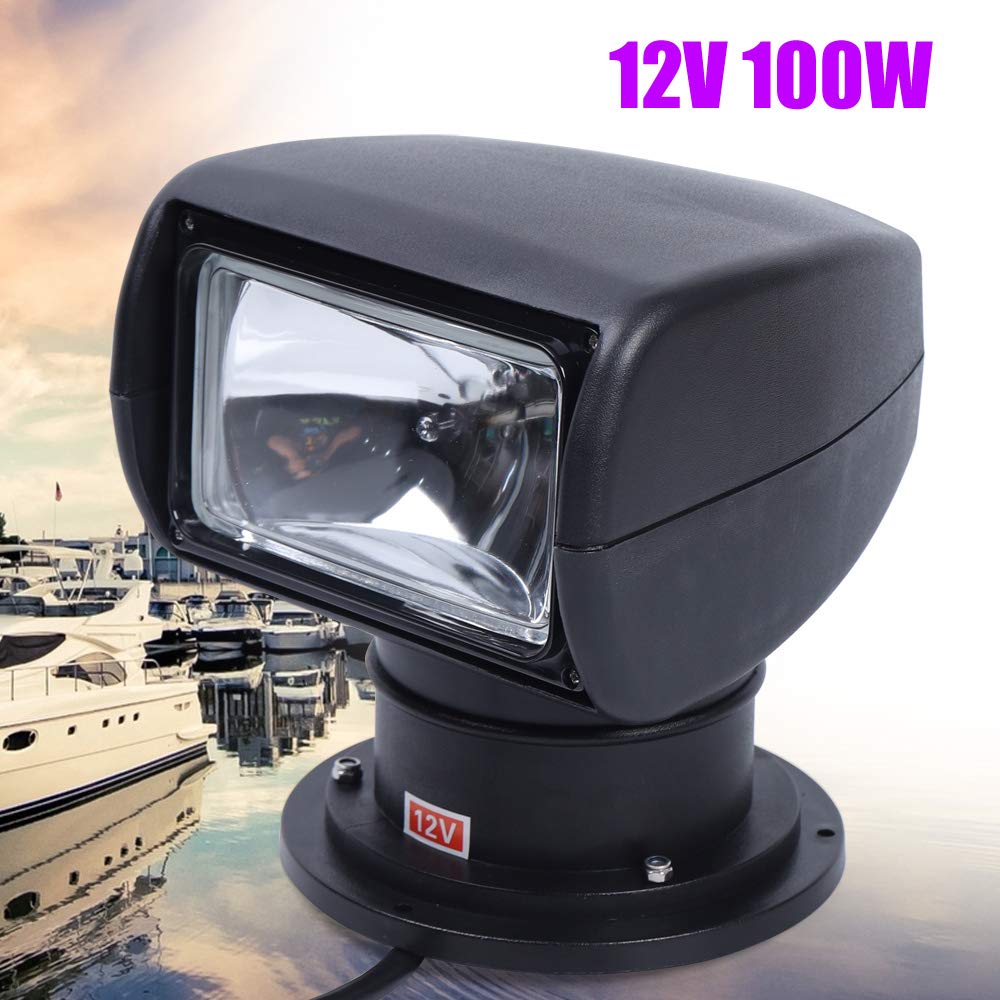 12V 100W Marine Spotlight with Remote Control - Waterproof Halogen Search Light for Boats, Trucks & Cars - Perfect for Night Fishing, Offshore Navigation & Emergency Situations (Black)