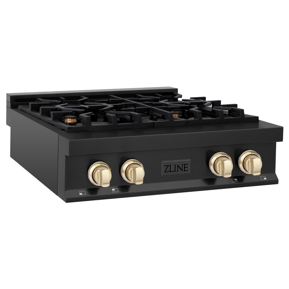 ZLINE Autograph Edition 30 Inch Black Stainless Steel Gas Rangetop with 4 Burners & Porcelain Cooktop - Polished Gold Accents (RTBZ 30 G) - Perfect for Modern Kitchens, Professional Cooking & Luxury Home Upgrades