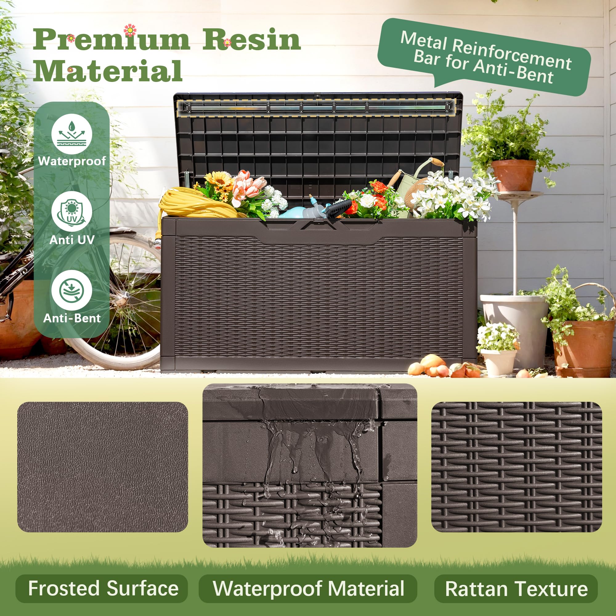**100 Gallon Waterproof Outdoor Storage Box - Lockable Resin Deck Box for Patio Cushions, Pool Toys & Garden Tools | Indoor & Outdoor Use | Deep Brown**    *(Perfect for Patio, Poolside, Garage & Backyard Organization)*