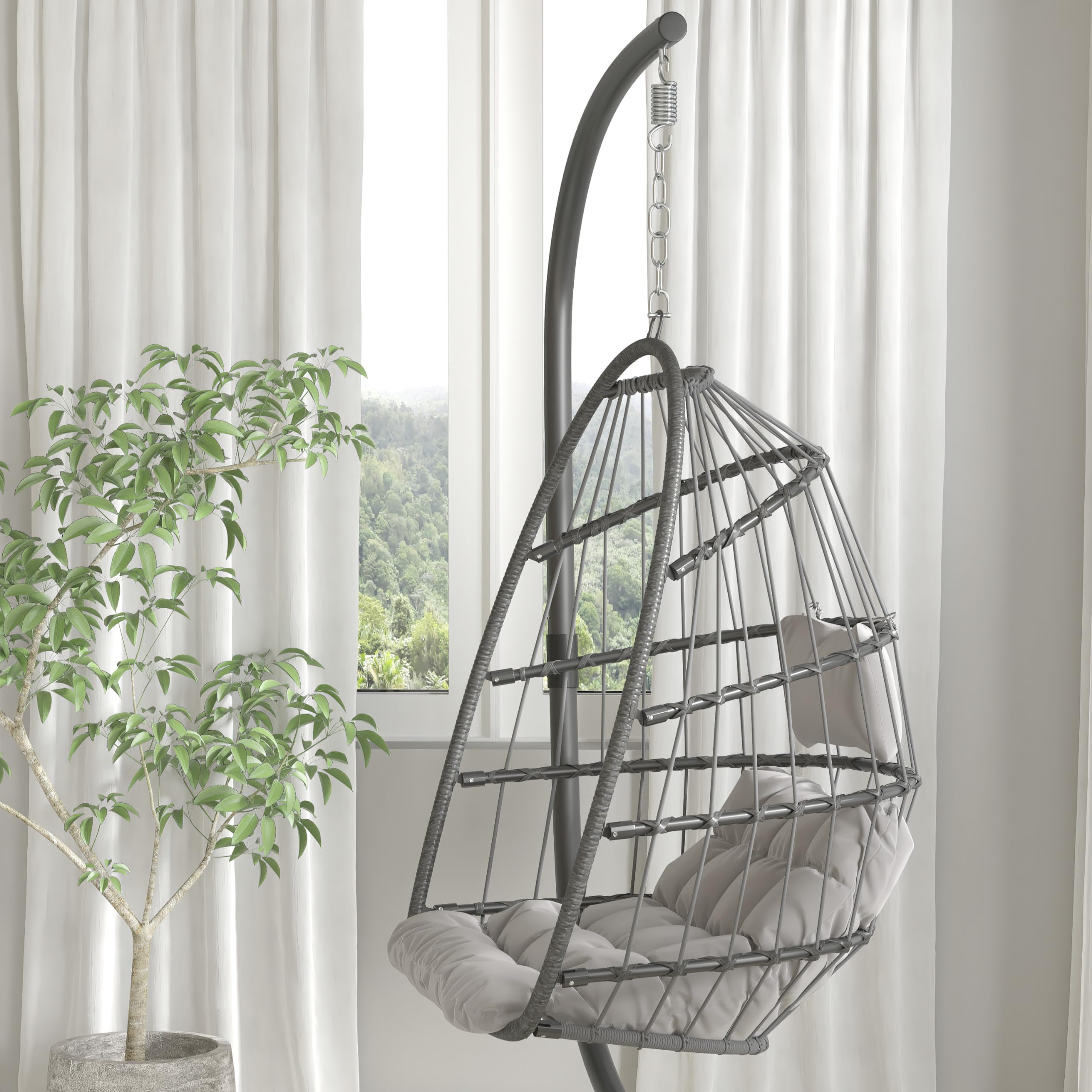Flash Furniture Cleo Indoor/Outdoor Hanging Egg Chair with Gray Frame & Cushions - Black Powder-Coated C-Stand - Perfect for Patio, Garden, Poolside & Balcony Relaxation